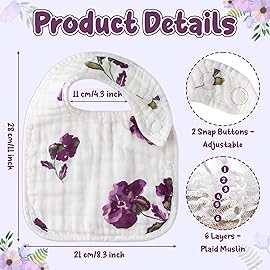Zainpe 6Pcs Snap Muslin Cotton Baby Bibs Flower Pattern Infants Drooling Bib Soft Absorbent Adjustable Burp Cloths Feeding Cloth for Unisex Newborns Girls Boys Toddlers Teething Eating 0 to 36 Months