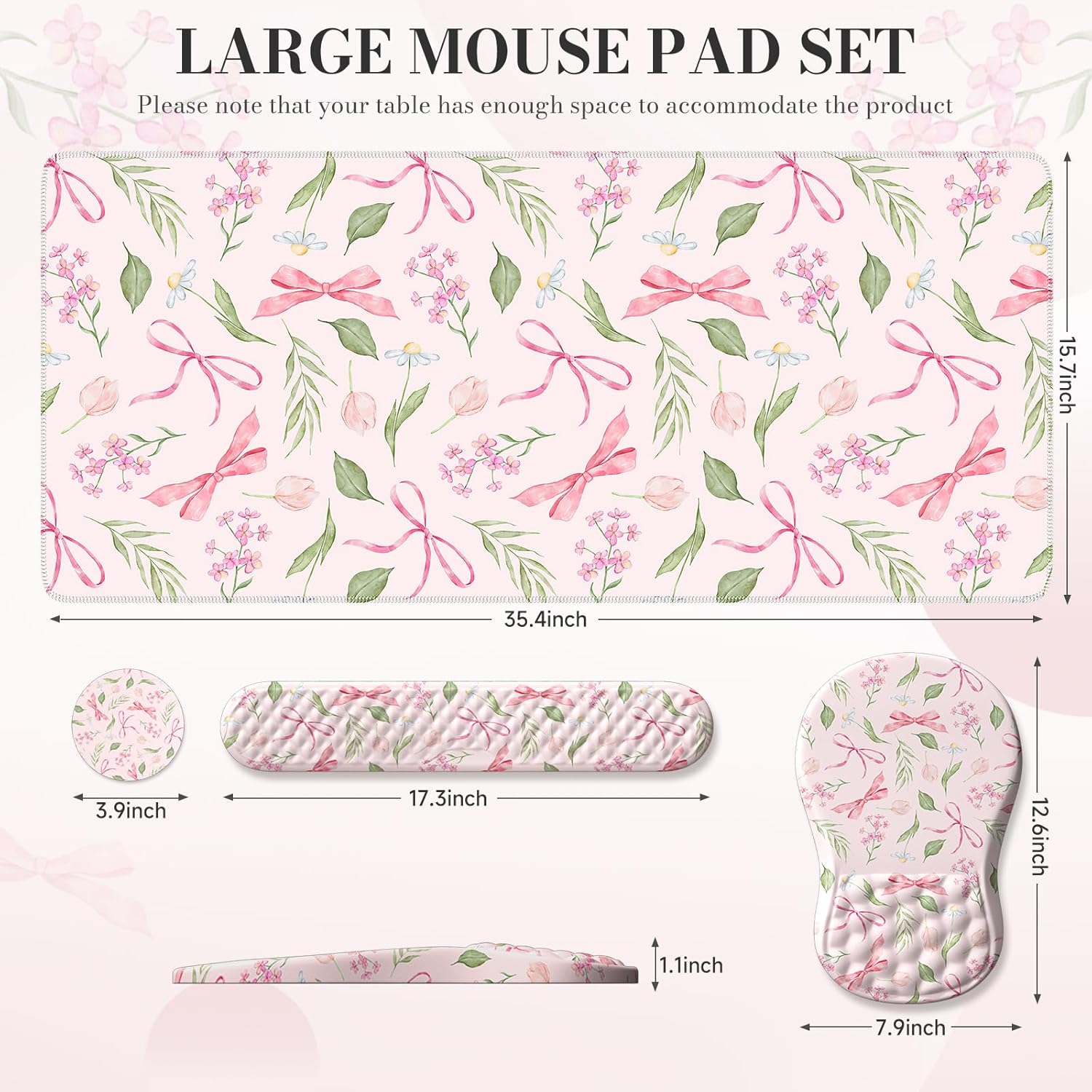 Keyboard Wrist Rest and Mouse pad Set,Bow Desk Cover mat,Pink Mouse pad with Wrist Rest with Coaster for Office,Non Slip mat for Women Must Stuff Accessories