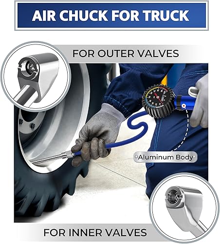 Miniatura 6 de Inflador de neumáticos con manómetro y manguera más larga, portabrocas de aire más preciso y resistente con medidor para compresor de aire,