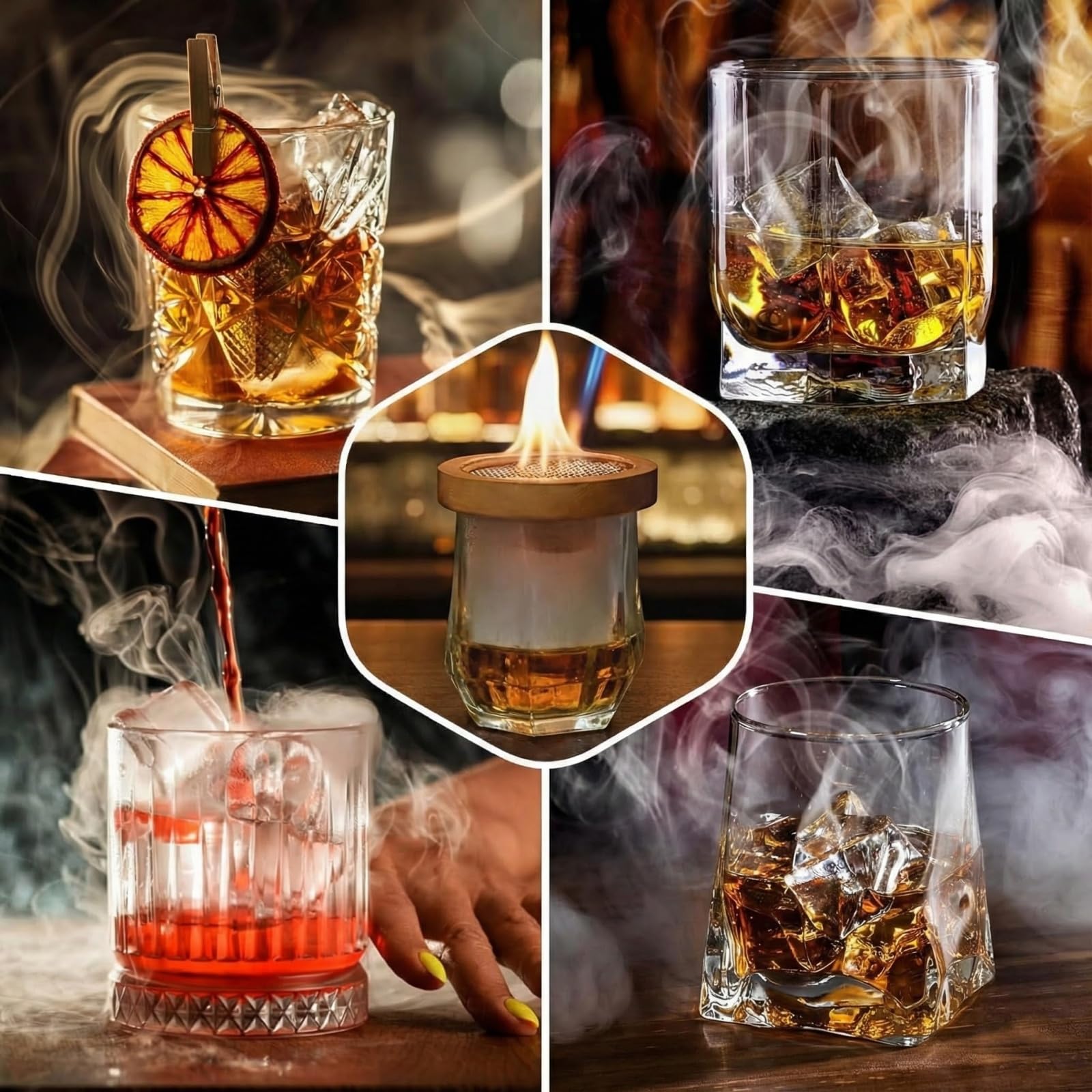 Kit Fumoir Whisky - Fumoirs Cocktails avec Copeaux de Bois de Fumage Naturels 8 Saveurs, Pierres à Whisky - Accessoires Bar pour Bourbon Boissons Fromage Cadeau Homme Père Petit Ami