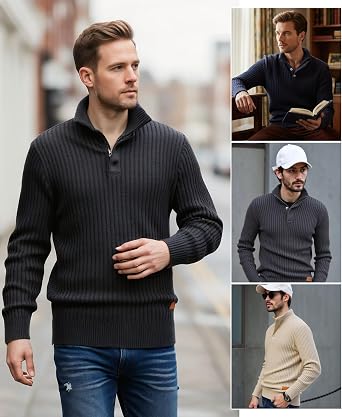 Men's 1/4 Zip Pullover Fine Knit Stand-Up Collar Warm Pullover Sweater Winter Jumper Long Sleeve Soft Sweat Jacket Work Jumper