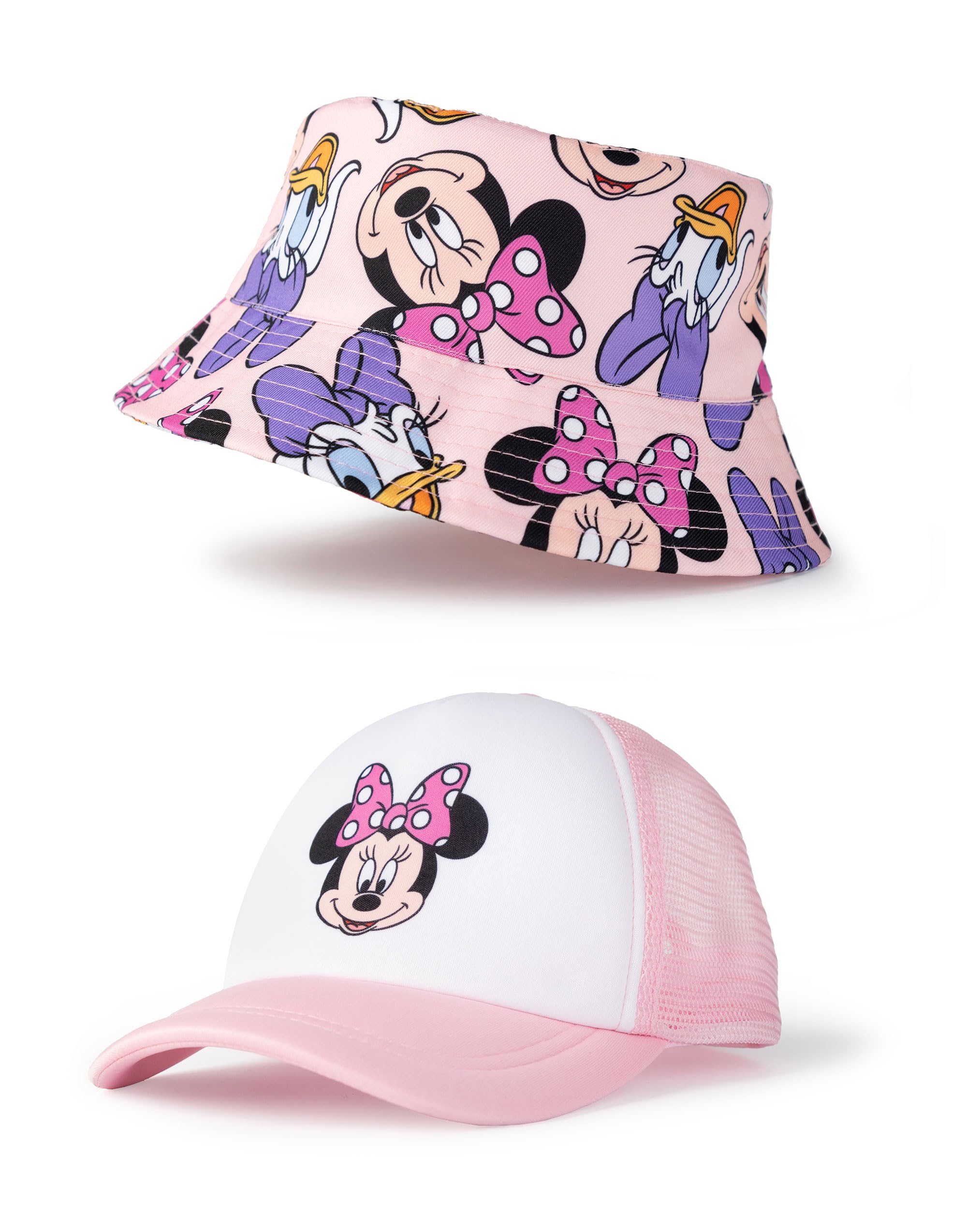 Disney Girls Pink Minnie Mouse Bucket Hat & Cap Set | Lightweight Breathable Character Print Accessories | Casual Sun Protection Merchandise For Kids