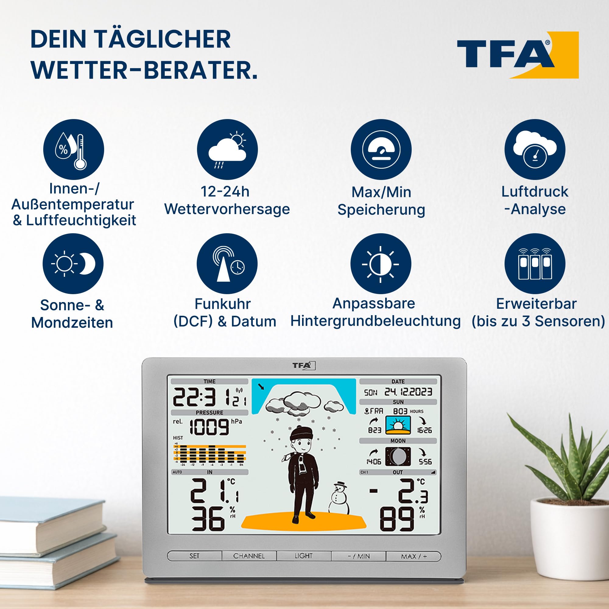 TFA Dostmann Funk Wetterstation METEO JACK, 35.1097.54, inkl Außensender, mit Wettervorhersage, Luftdruck, Mondphase, Sonnenaufgang- & -untergang, Funkuhr, silber