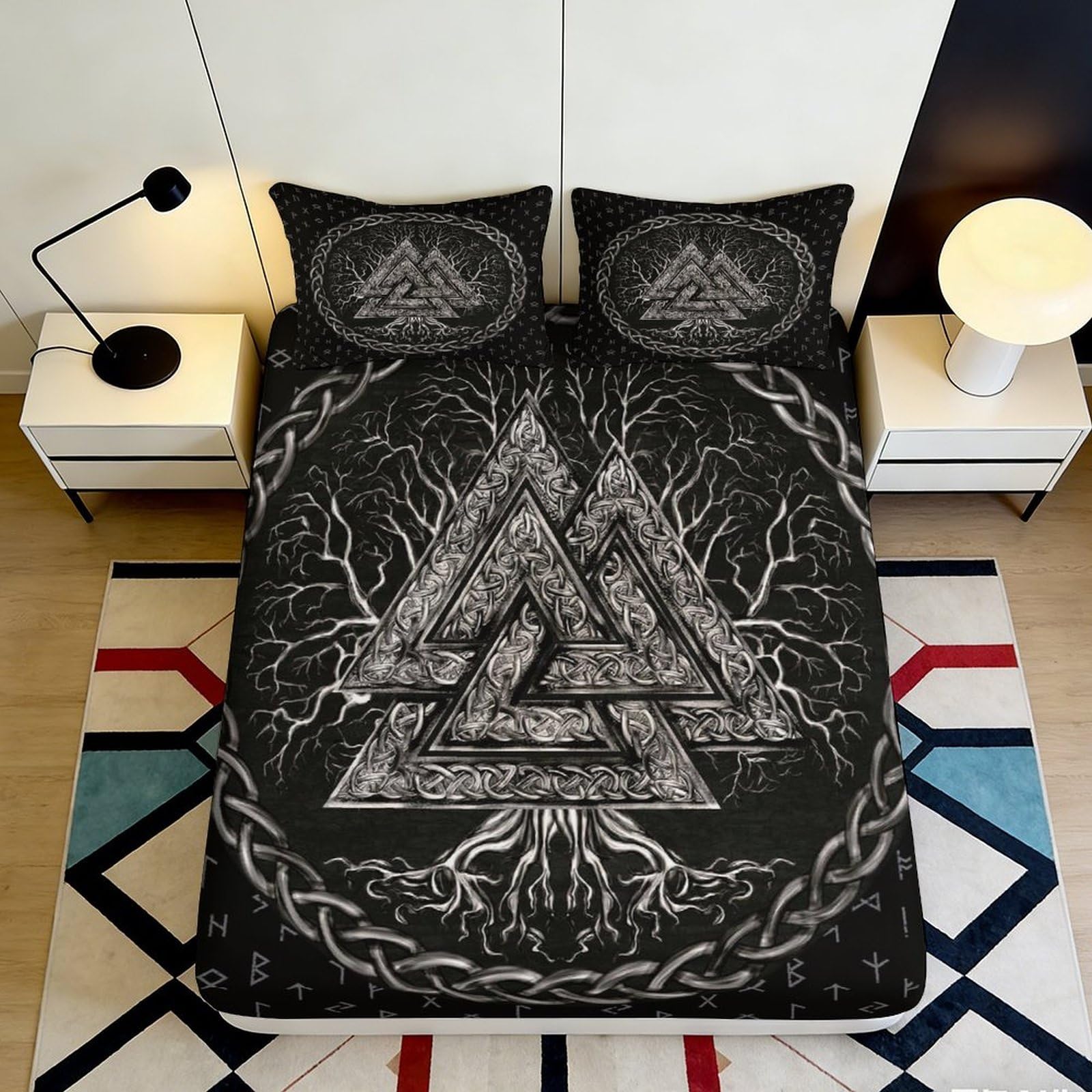 Pnayamiorkfel Style-5 3D Printed Norse Valknut Fitted Sheet Microfiber Black Tree Of Life Mattress Cover For Bedroom Dorm Room Decor 90X200x25cm