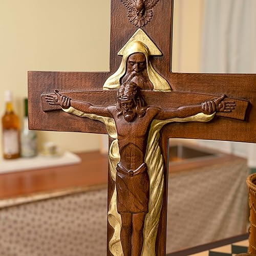Miniatura 4 de BGCOPPER Crucifijo de pared de crucifijo de la Santísima Trinidad, cruz de Cristo Jesús para pared con gancho, cruz de madera hecha a mano para