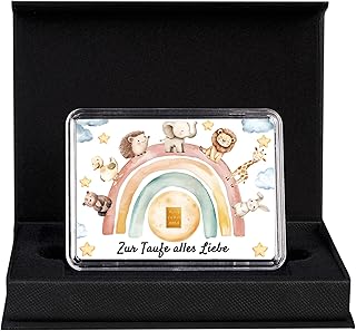Goldstücke24 Gold Taufgeschenk in Geschenkbox – Goldbarren oder Krügerrand Goldmünze – Motivbox „Zur Taufe alles Liebe“ mit Grußkarte – fertiges Geschenkset (0,5g Goldbarren)
