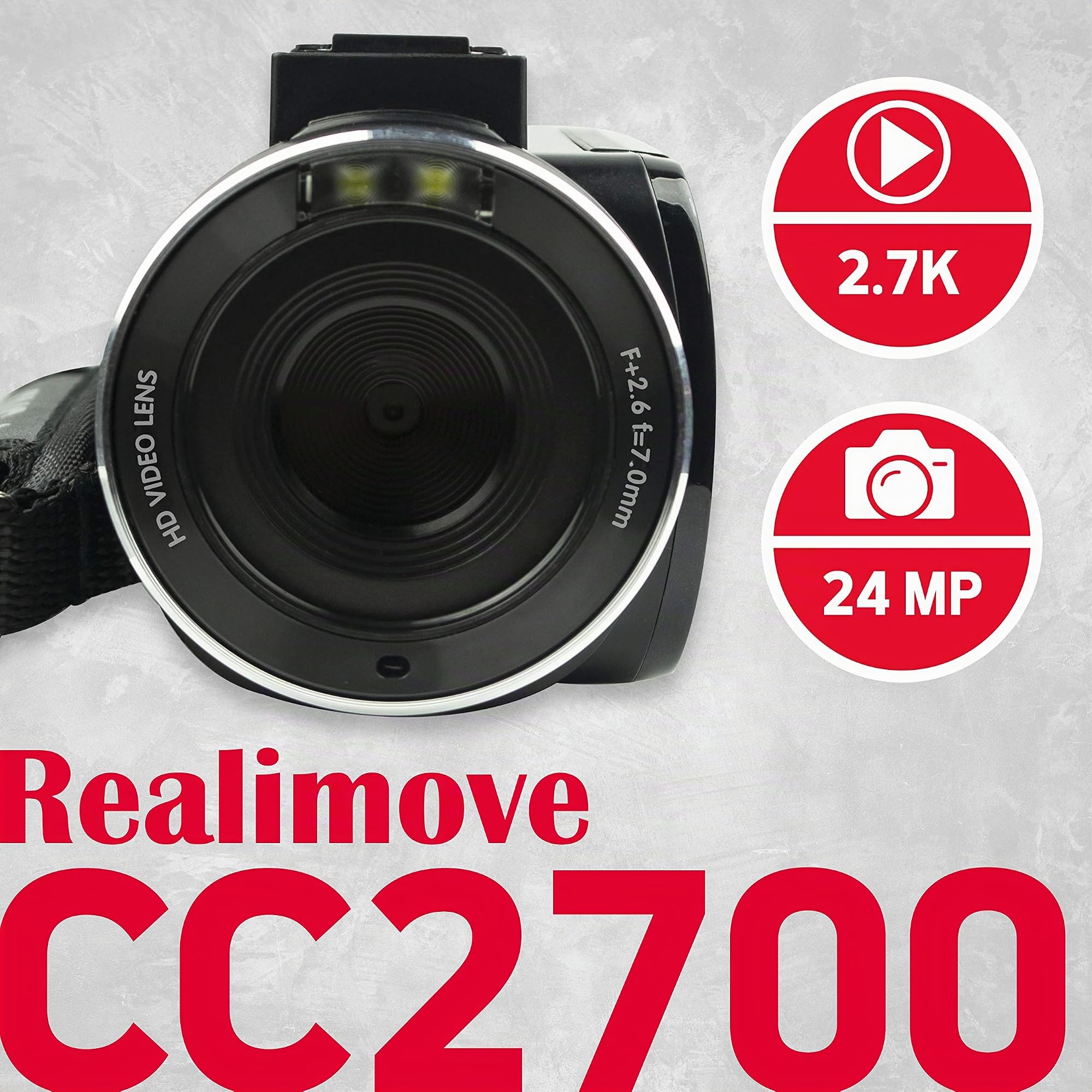 AgfaPhoto Realimove CC2700 – Caméscope Numérique, 2.7K, 24MP, Écran Tactile 3'', Zoom 18X, Télécommande, 2 Batteries Lithium - Noir