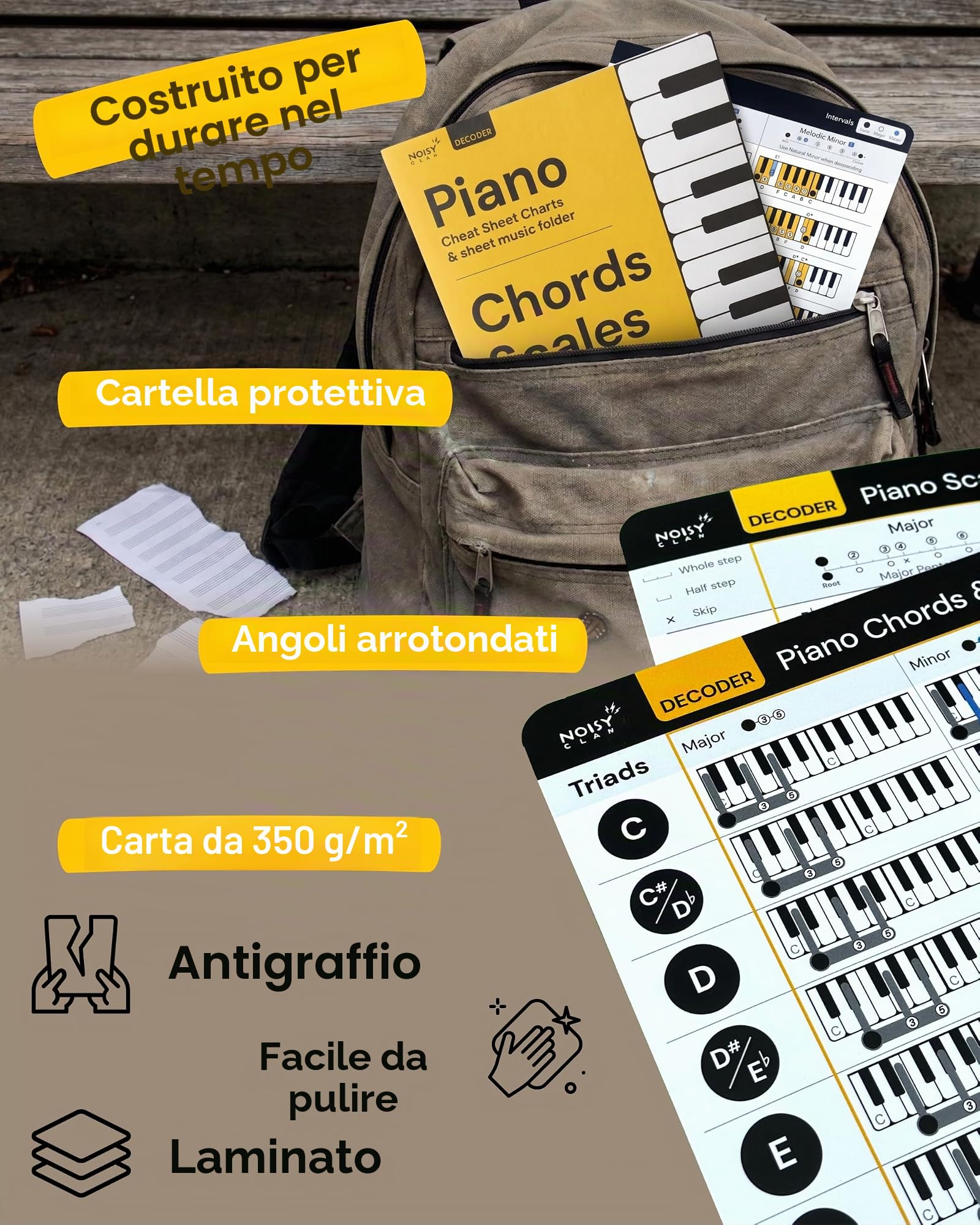 Tabella degli accordi e scale del pianoforte | Strumento di apprendimento musicale - Schede trucchi per tastiera nella cartella - Set di 2 accordi e tasti