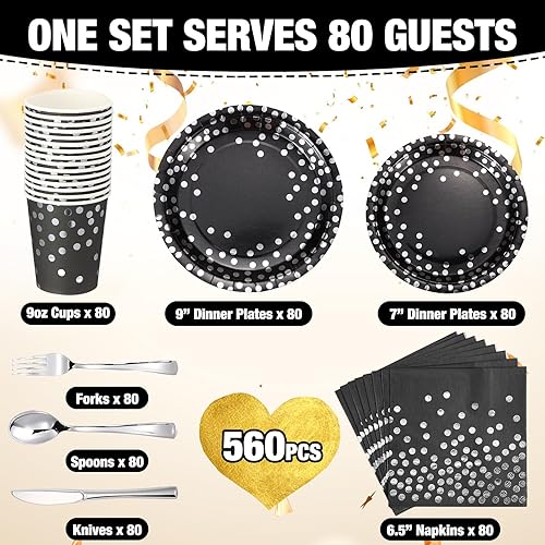 Miniatura 2 de Sieral 560 piezas de suministros de fiesta negros y plateados para 80 invitados, platos de papel desechables, servilletas, tazas, tenedores,