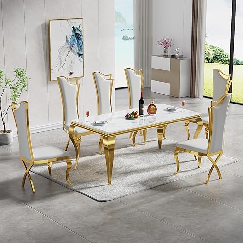Juego de mesa de comedor de 7 piezas para 6, mesa de cocina de mármol sintético blanco de 70 pulgadas con 6 sillas de cuero sintético de respaldo