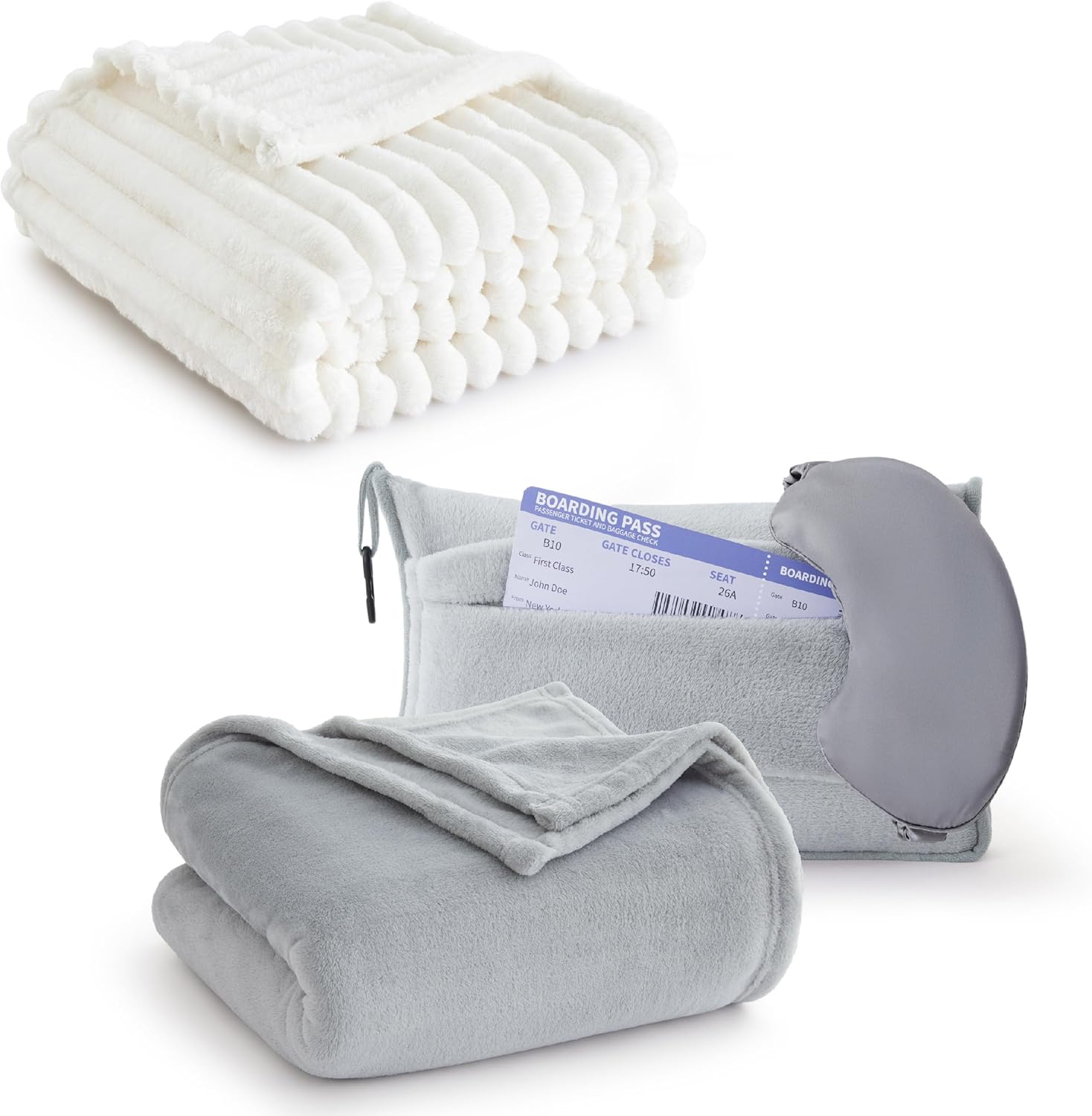 Bedsure 3-in-1 Compact Travel Blanket and Pillow Set Grey & Fleece Throw Blanket Off White 102x96