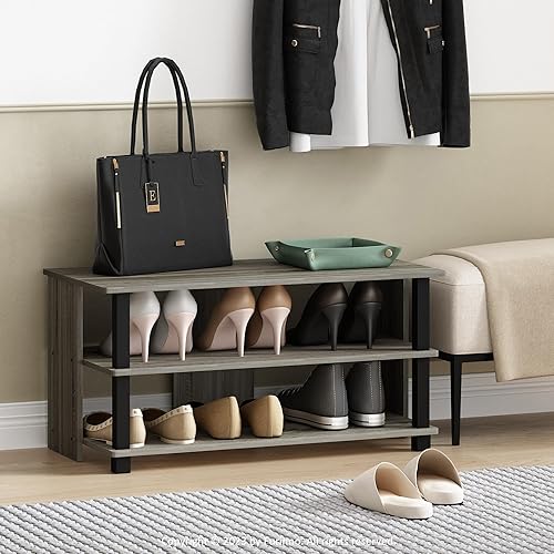 Furinno Turn-N-Tube - Zapatero compacto de 3 niveles para entrada de armario, roble francésnegro