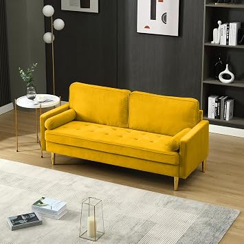 67" Loveseat Sofa, Mid Century Modern Loveseat Sofa High-Density Foam Cushion, 2-Seater Tufted Love Seat with Rose Gold Legs, Bolster Pillows for Living Room Velvet-Yellow