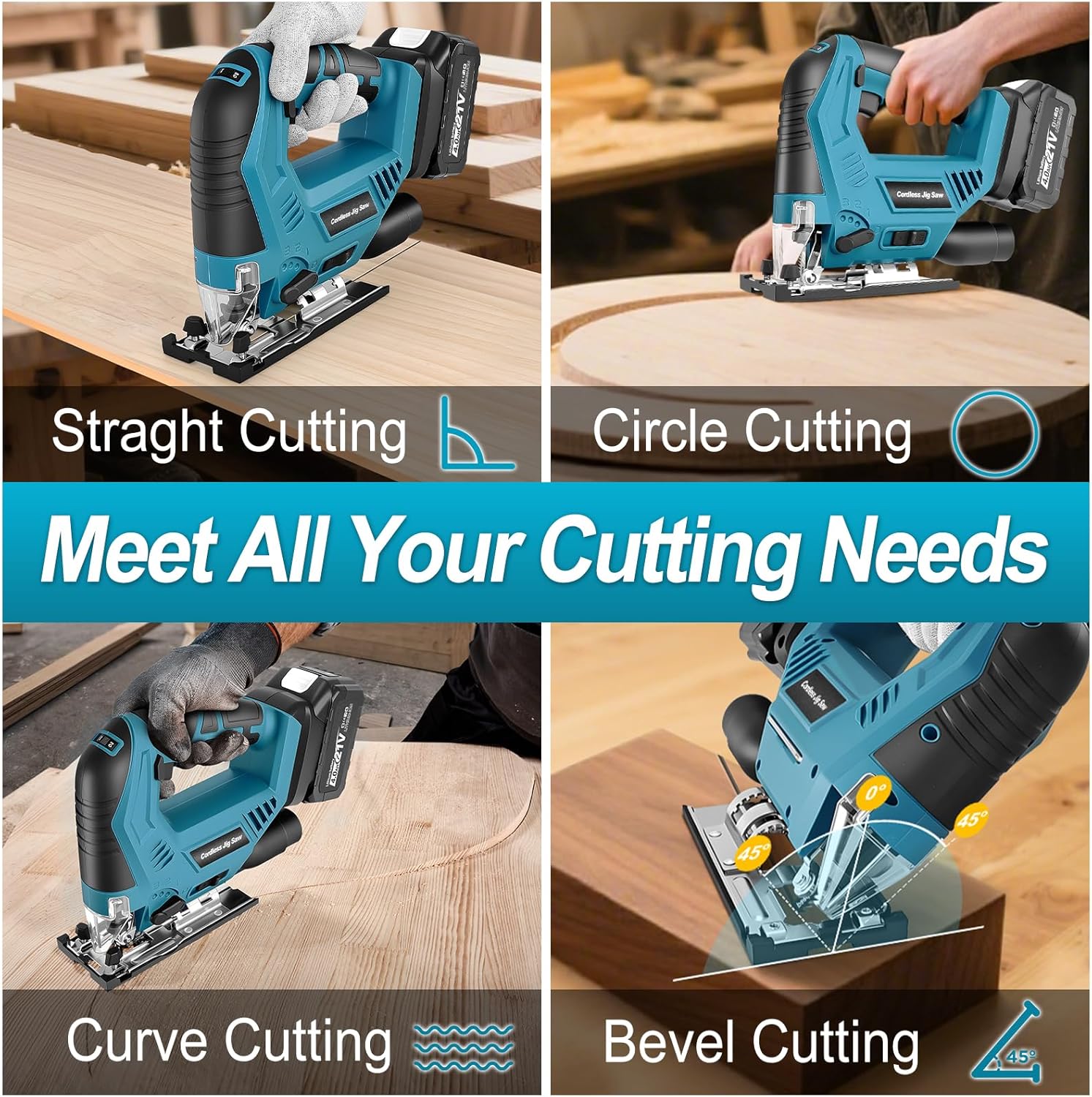 Cordless Jig Saw Compatible 21V Battery, Brushless Jigsaw Tool with 3-Position Orbital, 0°–45° Bevel Cutting, Variable Speed, LED Light, for Wood, PVC & Metal Cutting