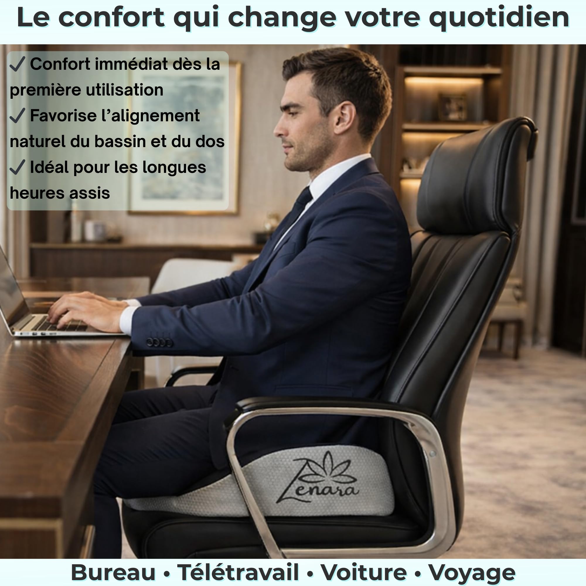 Zenara Coussin Coccyx Chaise Bureau Ergonomique – Coussin Orthopédique Assise en Mousse à Mémoire de Forme – Coussin Siège Voiture et Bureau pour Améliorer la Posture et Réduire la Pression Coccyx