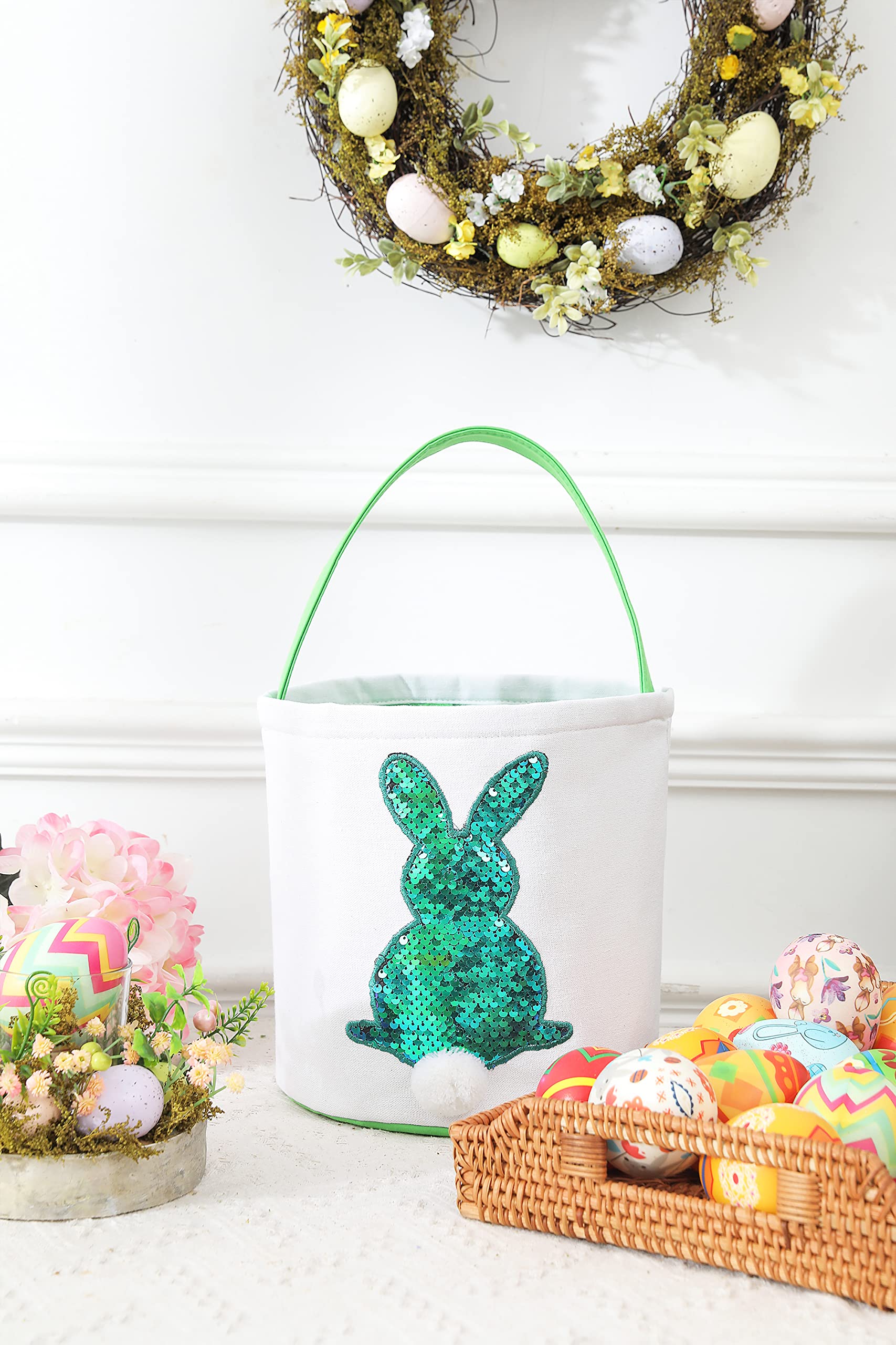 Easter Baskets for Kids - Boys and Girls Easter Egg Hunt Baskets, Cute Sequin Rabbit Bunny Printed Canvas Gift Basket for Baby, Easter Decorations Party Supplies (G-Green and Pink)