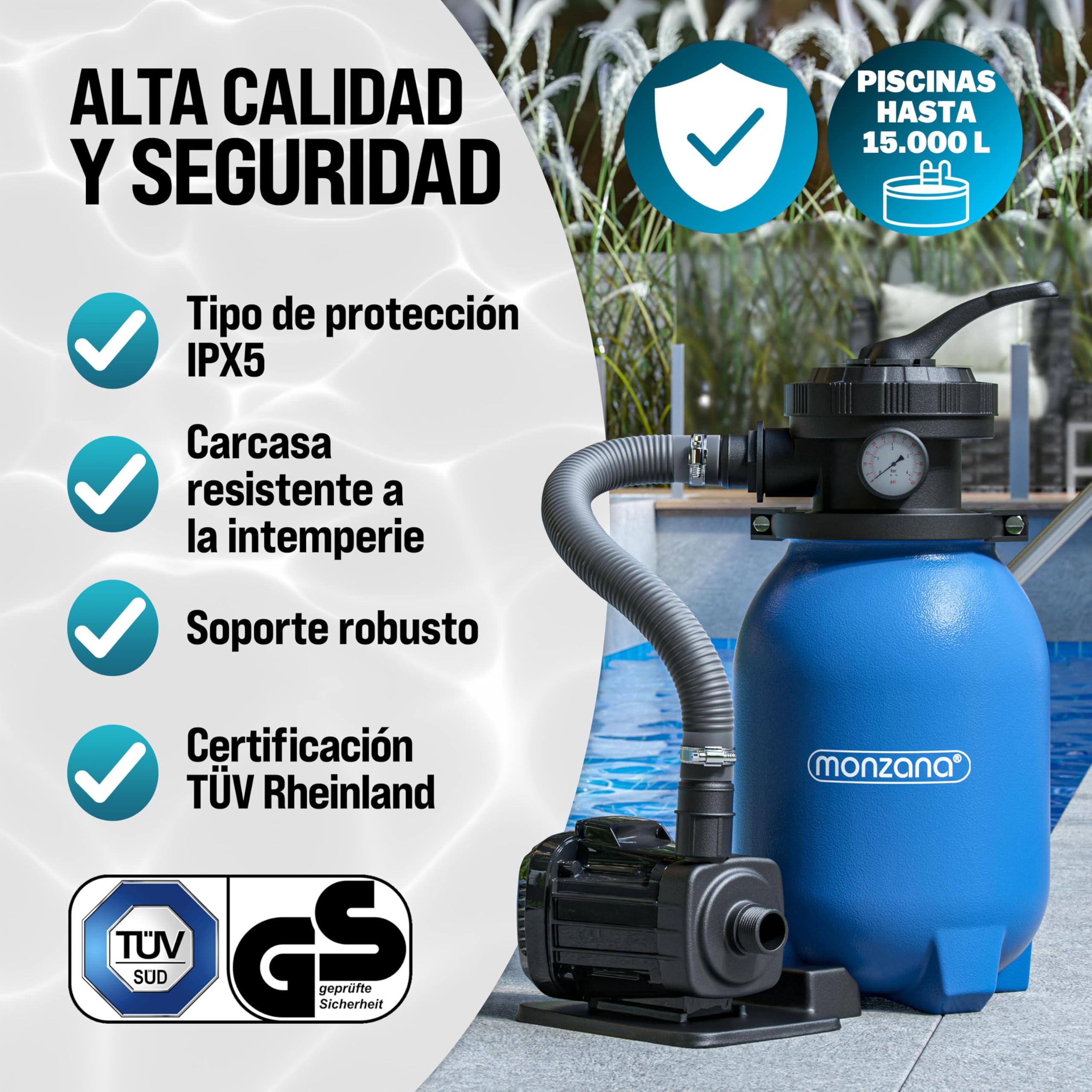 MONZANA® Depuradora Piscina 5000 L/h Filtro de Arena hasta 15.000 L con Bolas de Filtro Válvula 7 Funciones Filtrado Adaptador Ø32-38mm 180W Bomba Indicador de Presión