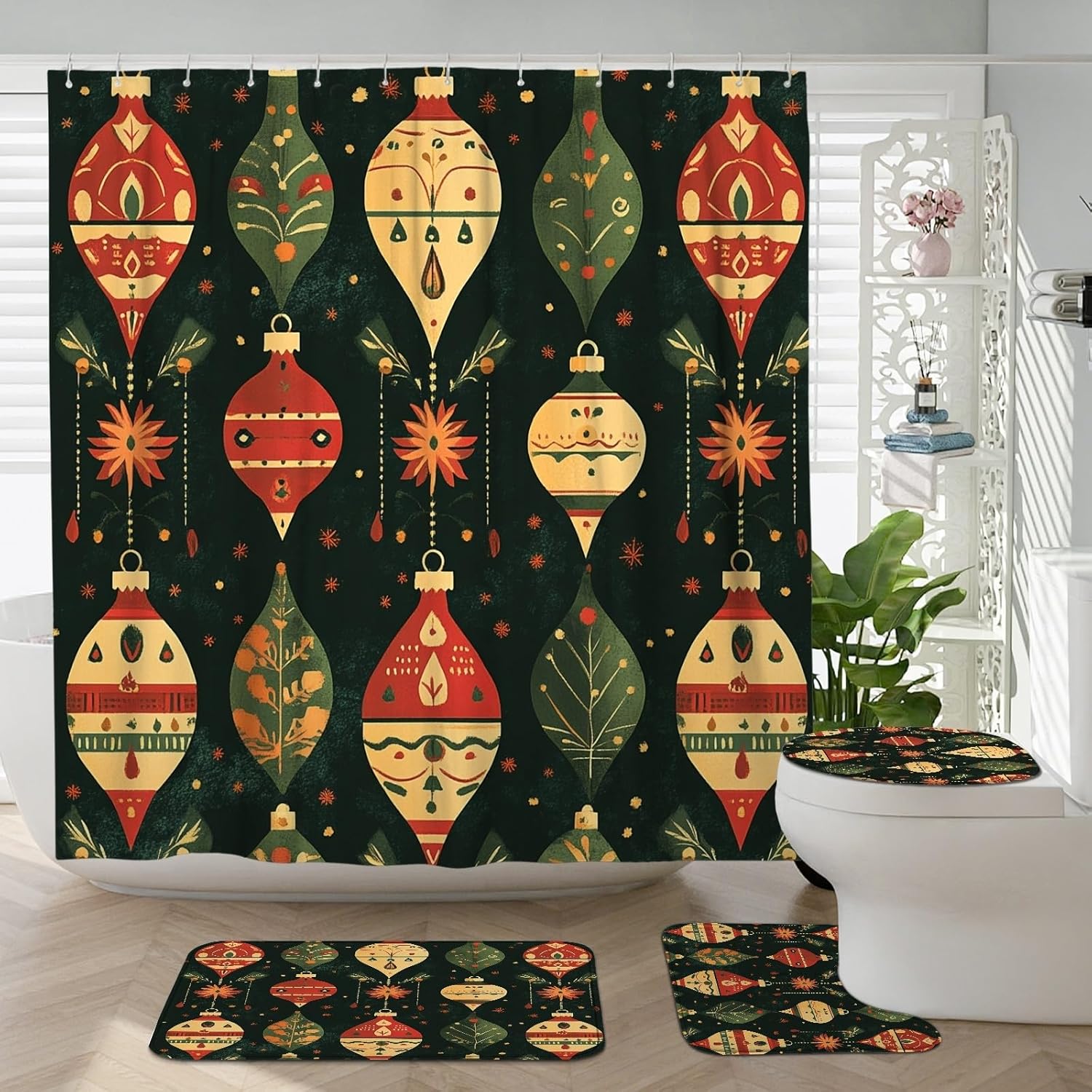 4PCS Vintage Merry Christmas Balls Bathroom Sets, Bath with Non-Slip Rug, U Shape Toilet Lid Cover Mat, Cool Aesthetic Xmas Bathroom Decor-72''x72''