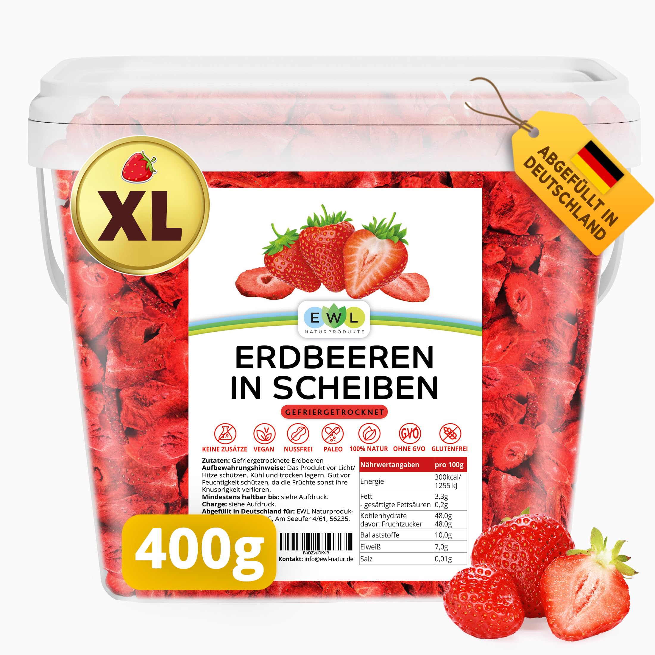 EWL Naturprodukte Erdbeeren gefriergetrocknet 400g, im bruchsicheren Eimer, gefriergetrocknete Erdbeeren in Deutschland abgefüllt, vegan und natürlich lecker