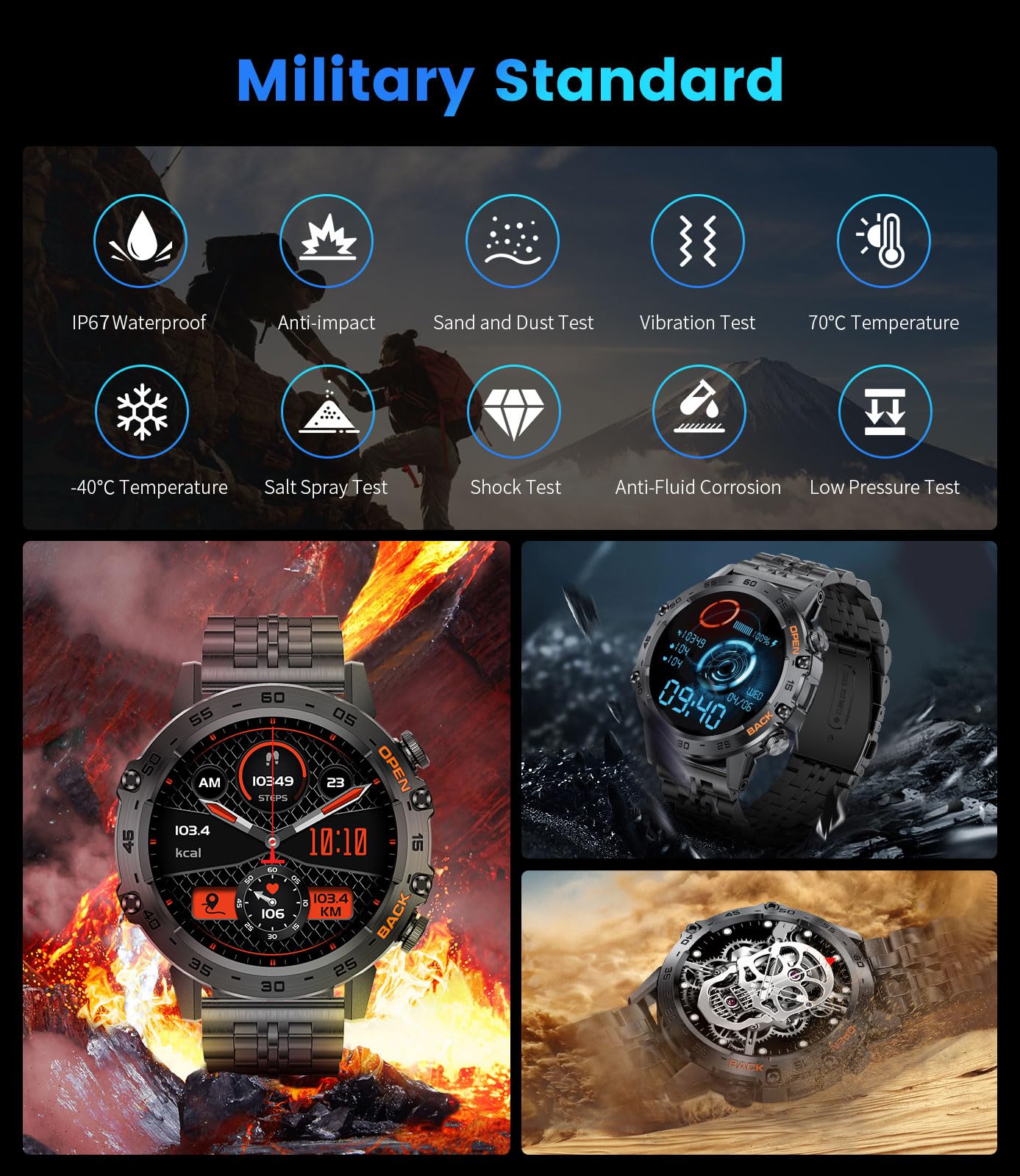 FOXBOX Montre Connectée Homme, 1.39" Militaire Smart Watch, Noir | 300+ Cadran, SpO2, Moniteur de Sommeil, 24H Fréquence Cardiaque, Appel Bluetooth, 100+ Sportmodi, Étanche IP67