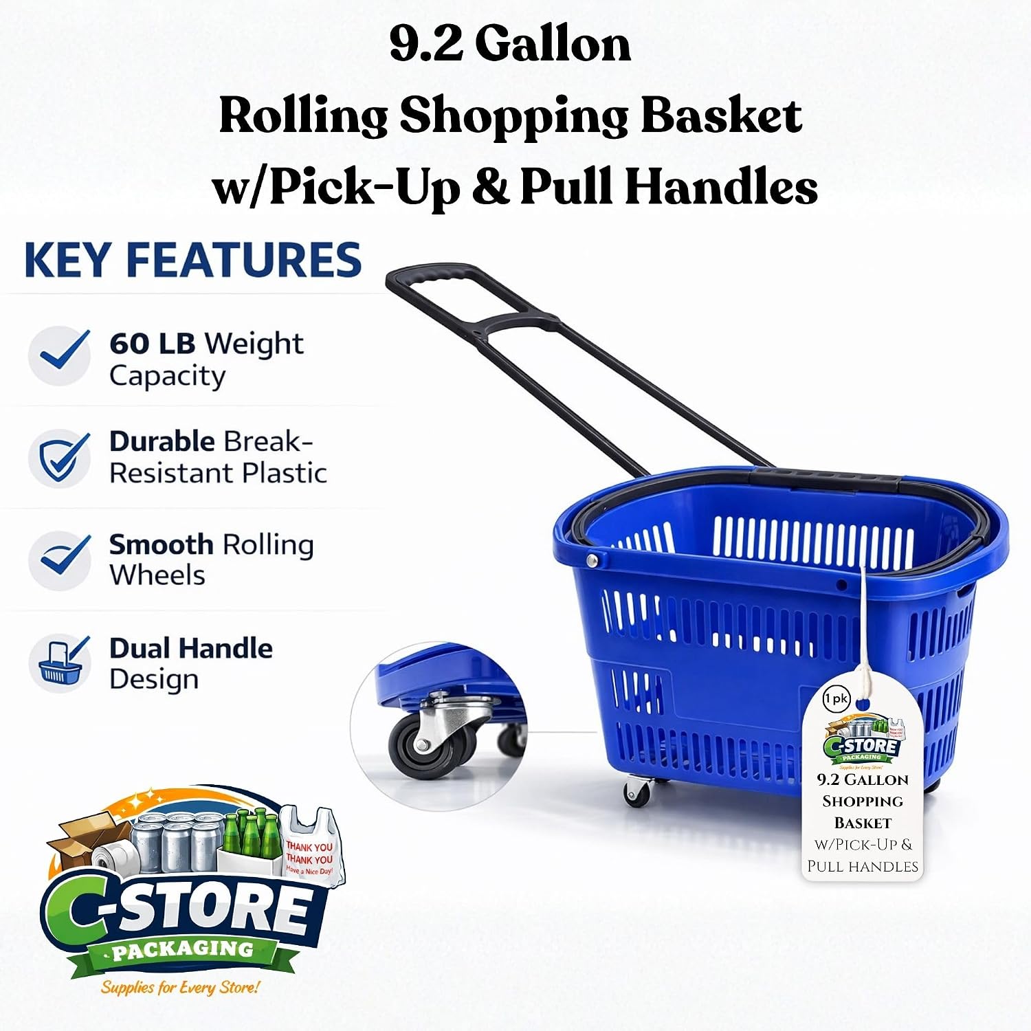 Rolling Shopping Basket with Wheels, 9.2 Gallon, Blue, Extendable Pull Handle, 60 LB Capacity (1)