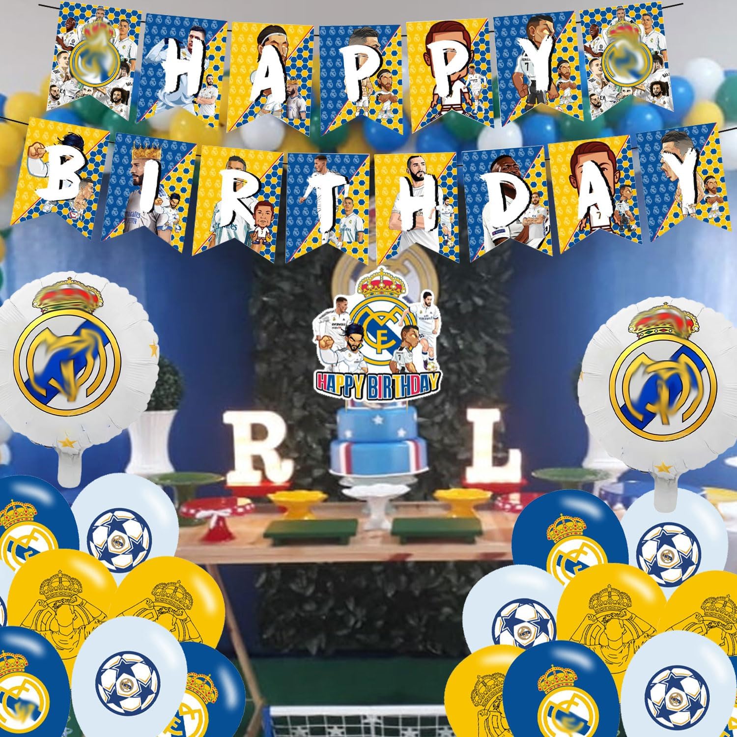 Madrid Soccer CF Birthday Decorations, Soccer Theme Party Supplies with Banner, Cake Topper, Cupcake Toppers, Foil Balloons for Fans Adults Birthday Party Favors