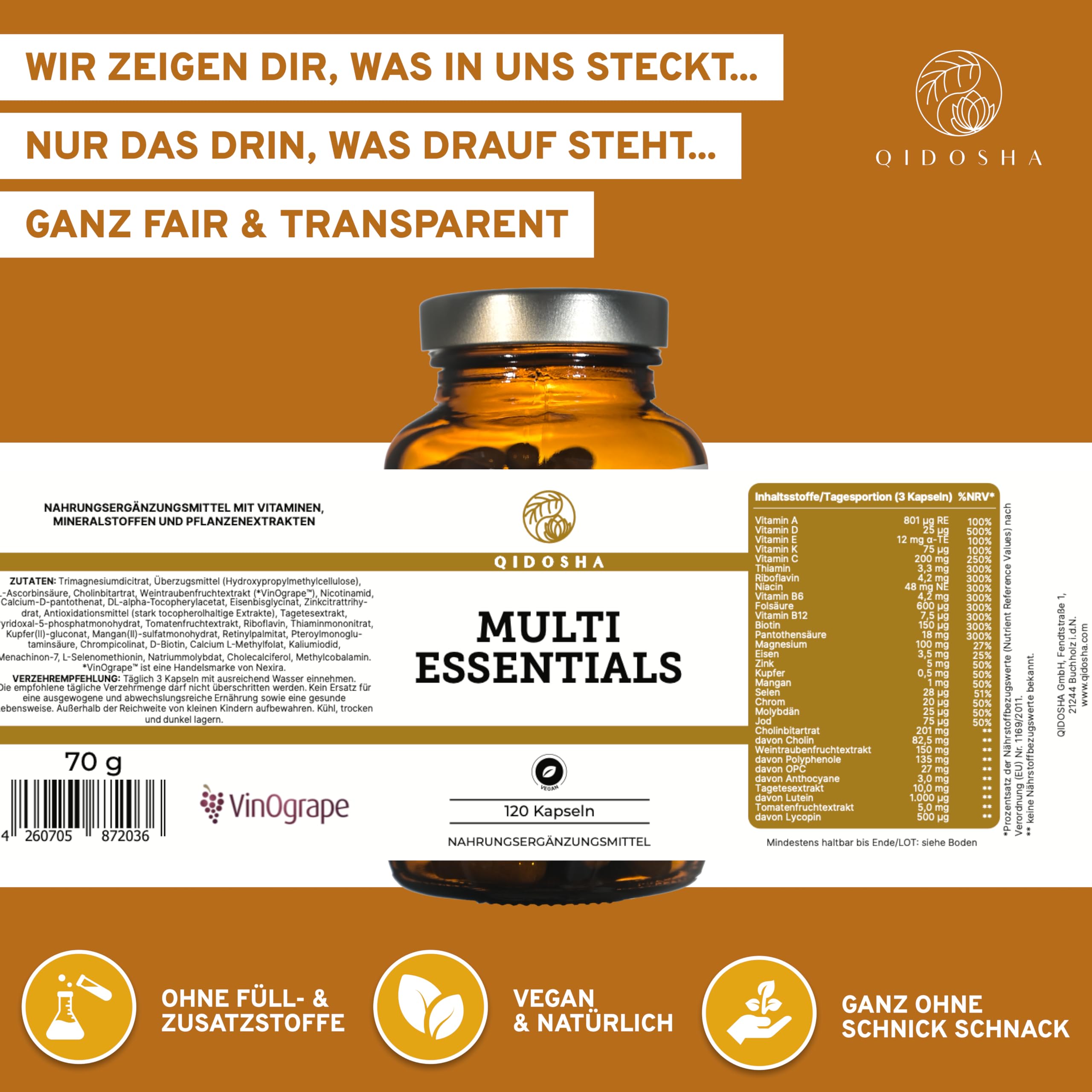 QIDOSHA® Multi Essentials – Deine tägliche Rundum-Versorgung mit allen relevanten Vitaminen, Mineralstoffen, Spurenelementen & sekundären Pflanzenstoffen, 120 Kapseln im Apothekerglas (Packung mit 2)