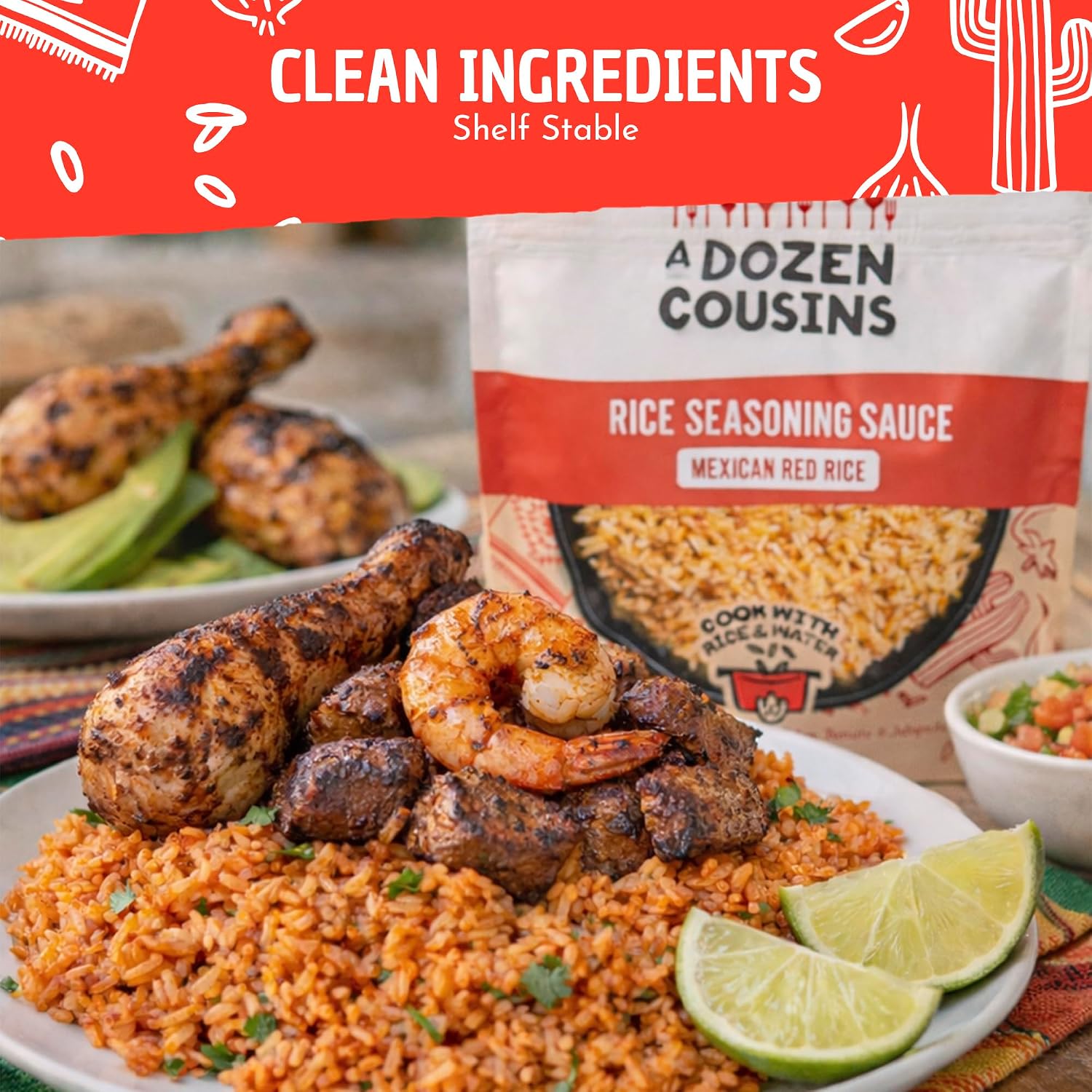 A Dozen Cousins Mexican Rice Seasoning Sauce (10 Pack), Pour & Mix Red Rice Starter with Tomato, Onion, Garlic & Jalapeño, Avocado Oil, Gluten Free, Clean Ingredients, Low Calorie, Easy Meal, 4oz Each