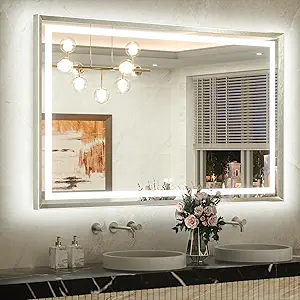 TETOTE 55 x 36 Bathroom LED Mirror Brushed Bright Nickel Metal Frame Frontlit & Backlit Vanity Mirror Stepless Dimmable Anti-Fog 3 Colors White/Warm/Natural Light up Vanity Mirror Wall-Mounted