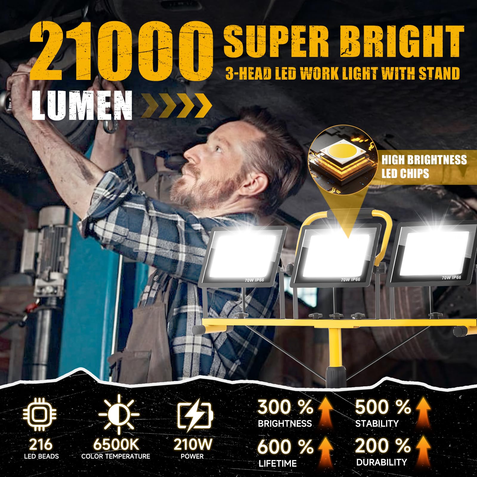 210W Foco led Trabajo con Trípode, 21000LM 6500K Lámpara de Trabajo con Cable de 5m Interruptor Individual, IP66 Lámpara Impermeable para Obras/Talleres/Garajes Altura Ajustable 200cm