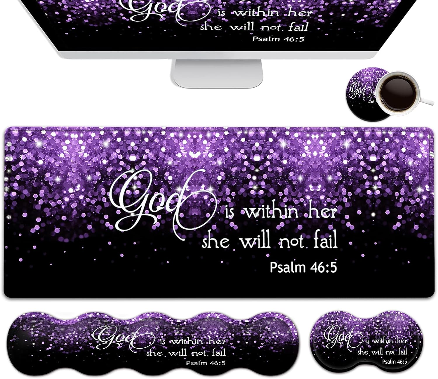 Black Gaming Mouse Pad, Extended Large Mouse Pads, Ergonomic Memory Foam Keyboard Wrist Rest Support & Non-Slip Mouse Wrist Rest for Laptop Desk Writing Pad Purple Glitter Psalm 46:5 Office Desk Mat
