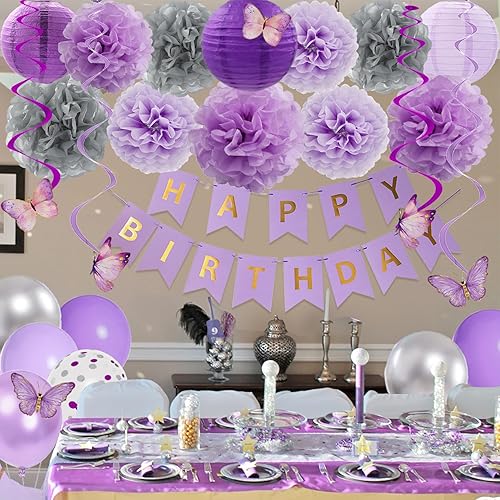 Miniatura 7 de 72 piezas de decoraciones de fiesta de cumpleaños moradas para niñas y mujeres, lavanda púrpura y mariposa plateada, suministros de decoración de