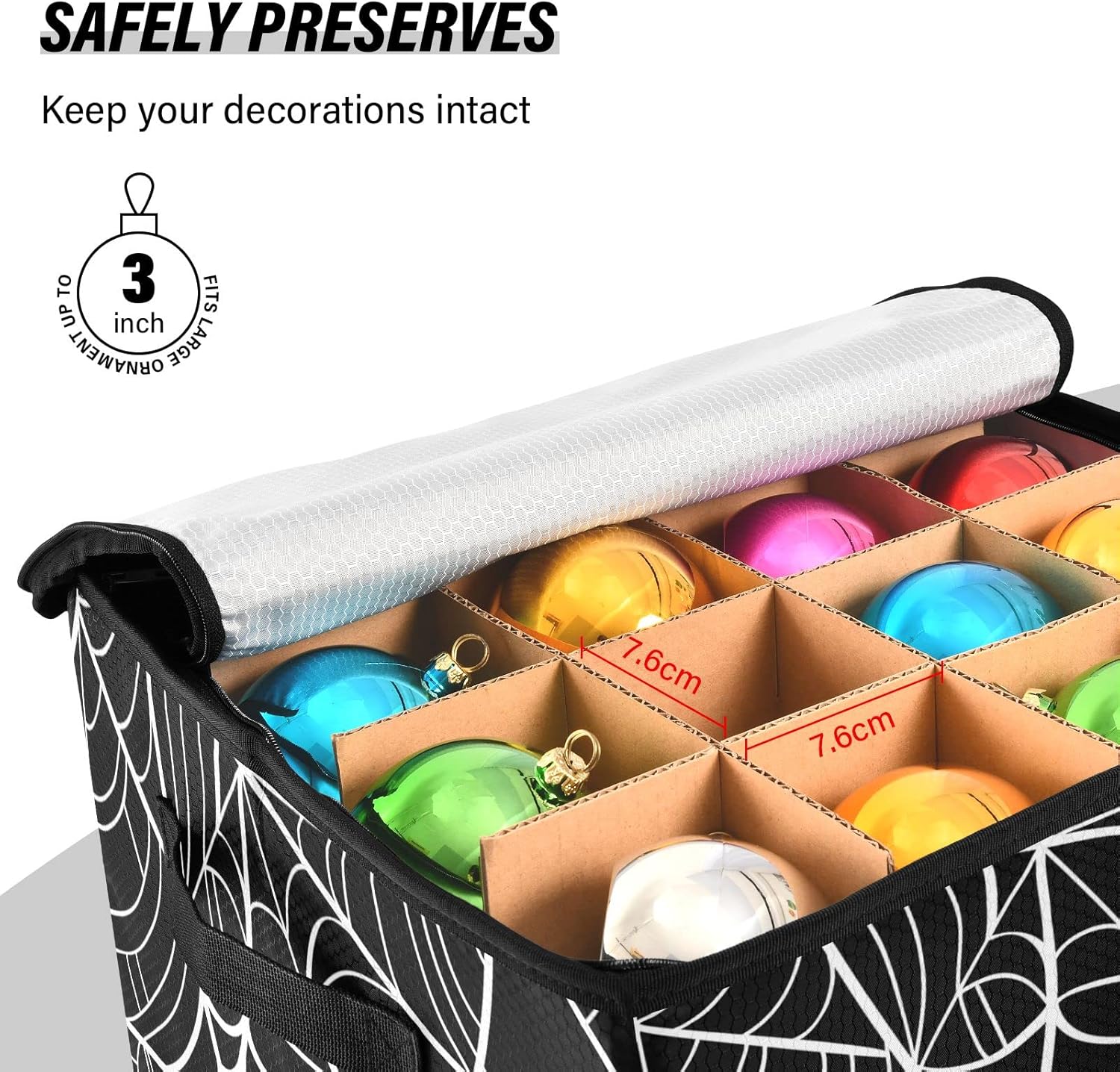 Kigai Spider's Web Christmas Ornament Storage Box with Zipper and Adjustable Dividers 13x13 Inch Xmas Decoration Accessories Storage Container Holds 64 Holiday Ornaments 3-Inch