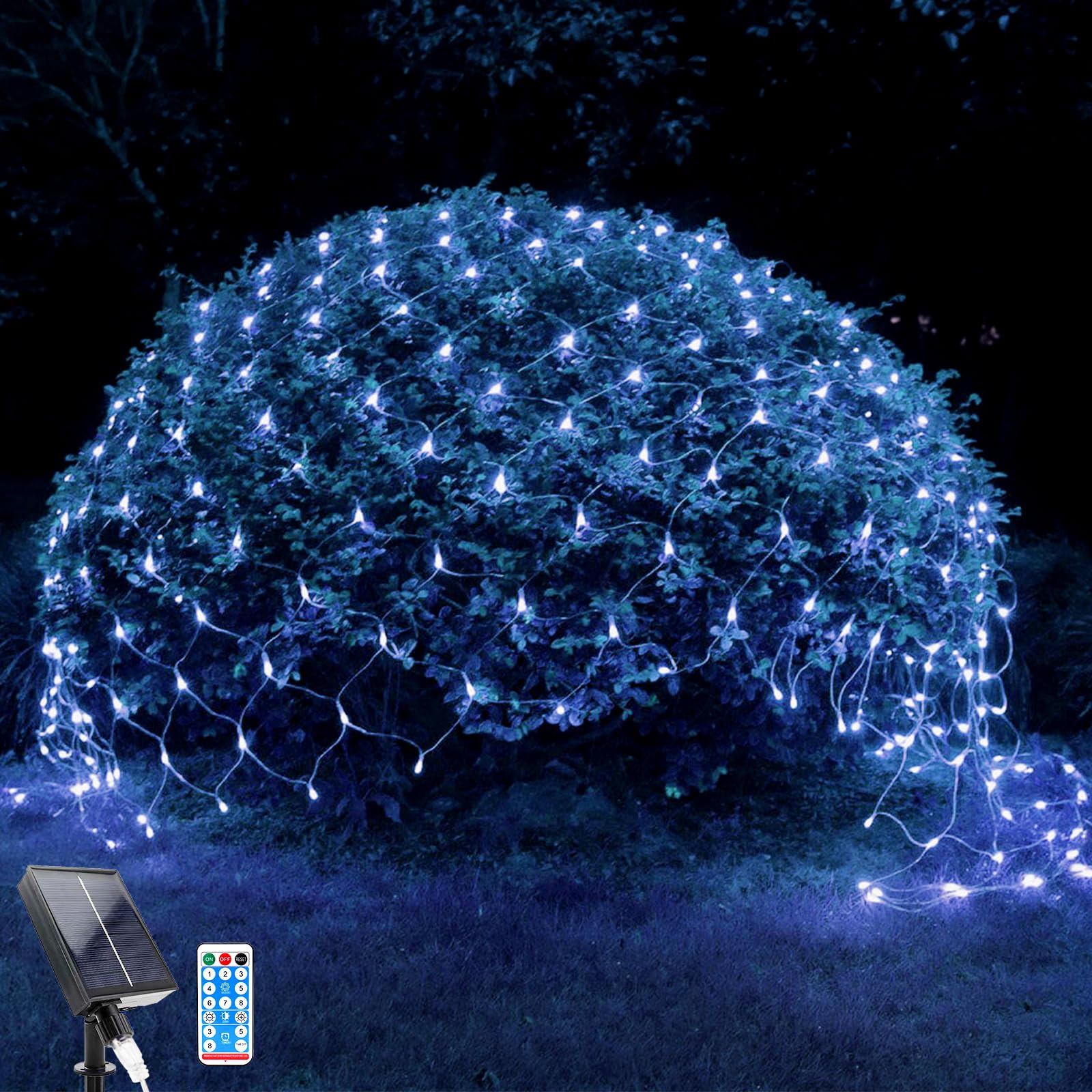 WoskjXas Luces de Red Solares para Exterior, 192 LEDs Regulables Luz de Red, 8 Modos, 2m x 3m, Luz de Cortina para Jardín, Control Remoto - Decor para Balcón, Valla, Navidad (2M*3M, Azul)