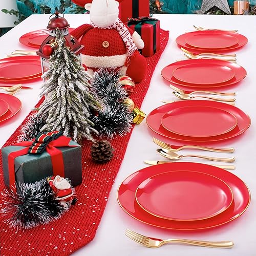 Miniatura 7 de PULOTE 100 platos rojos de plástico  Platos rojos resistentes para fiestas  Los platos desechables rojos incluyen 50 platos llanos rojos de 10.25
