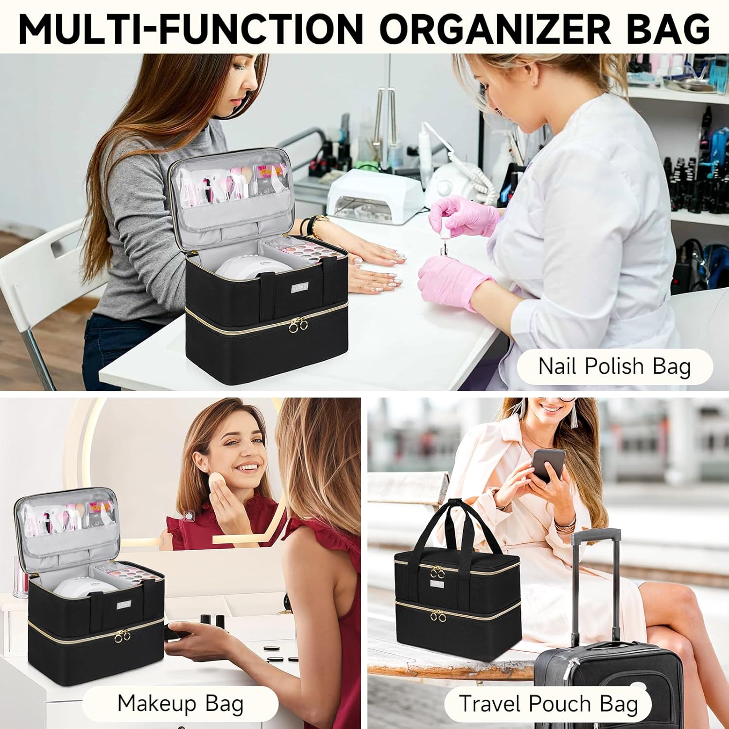 LEFOR·Z Nail Polish Organizer,Double-Layer Nail Organizers and Storage,Nail Polish Carrying Case for 40 Bottles (15ml-0.5 fl.oz) and Nail Lamp,Portable Nail Polish Holder for Nail Supplies