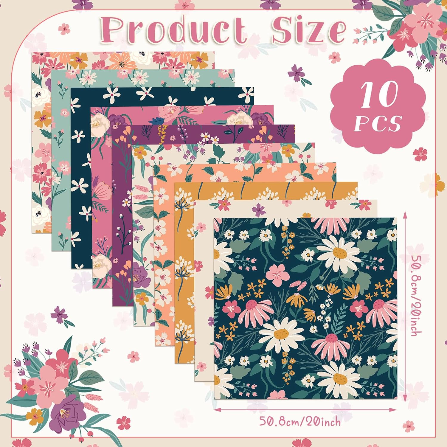 Hahafelt 10 Pcs Retro Floral Quilting Fabric Bundles 20 x 20 Inch Vintage Flower Fat Quarters by The Yard Squares Wildflower Fabrics Precut Patchwork for Spring Summer DIY Sewing Craft Party Decor