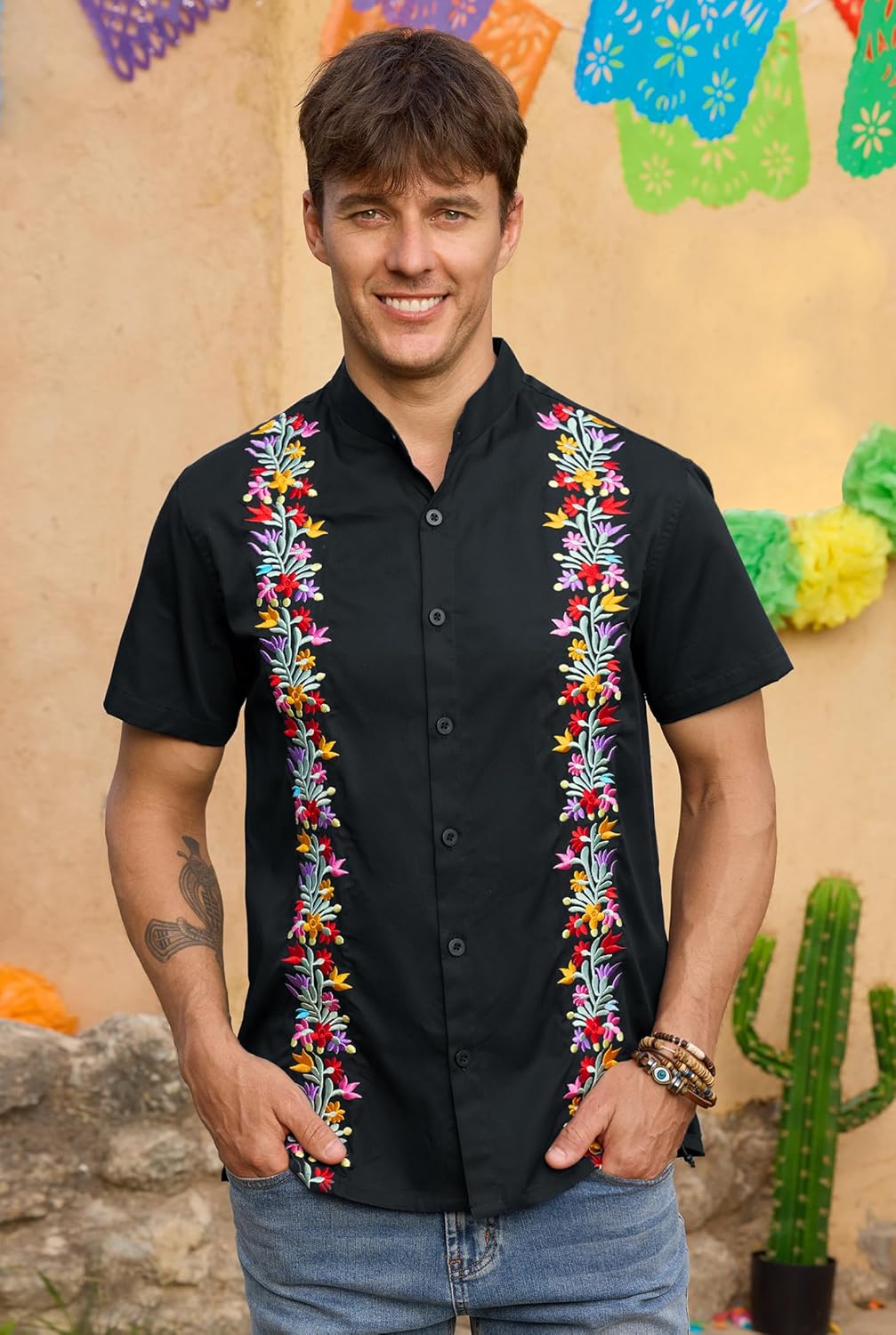 Arvilhill Men's Mexican Shirt Cotton Dress Band Collar Cinco de Mayo Fiesta Button Shirts (S-3XL)