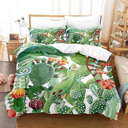 Green Plant Duvet Cover Set Queen Size Double Microfiber Tropical Plant Duvet Cover 3-Piece Cactus Quilt Cover with Zipper Closure Soft Green