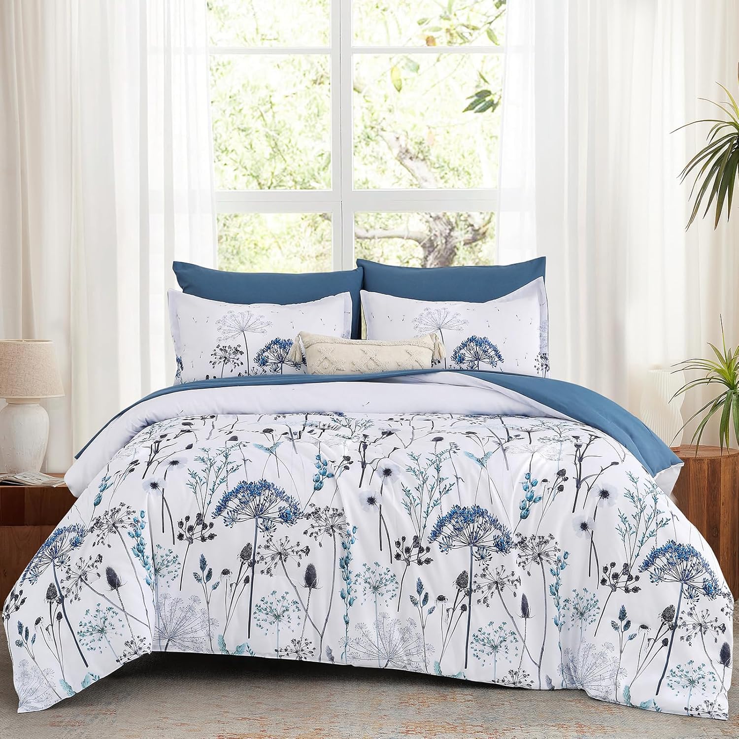 Yiran 7 Piece Blue Dandelion Botanical Comforter Set Queen Size, Floral Plant Comforter Bedding Set, Bed in a Bag Queen, Soft Microfiber Complete Bedding Set with Sheets for All Season - Image 8