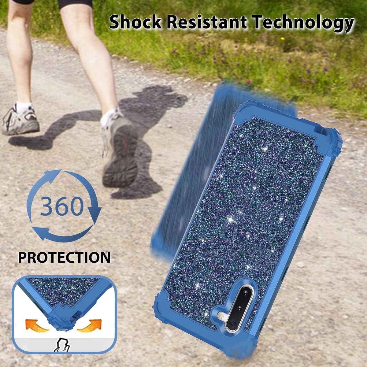 Casetego Compatible with Galaxy Note 10 Case,Floral Three Layer Heavy Duty Hybrid Sturdy Shockproof Full Body Protective Cover Case for Samsung Galaxy Note 10,Shiny Blue
