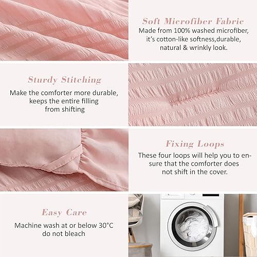 Miniatura 4 de ALEISSEL - Juego de edredón rosa claro de tamaño Queen con diseño de seersucker y bordes rizados, juego de ropa de cama rosa ultrasuave de tamaño