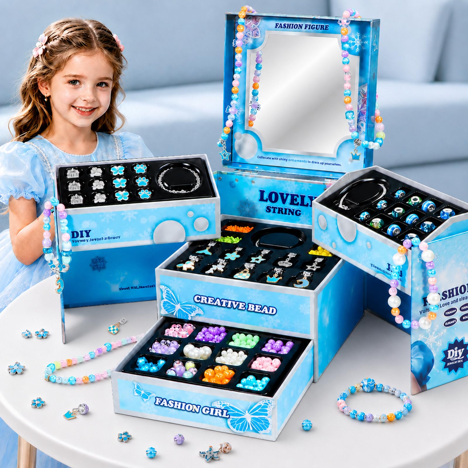 JeeMoien kit creazione braccialetti ciondoli per bambine 5,6,7,8-12, kit braccialetti amicizia con scatola portagioie, regalo compleanno blu per bimbe 6-11 anni