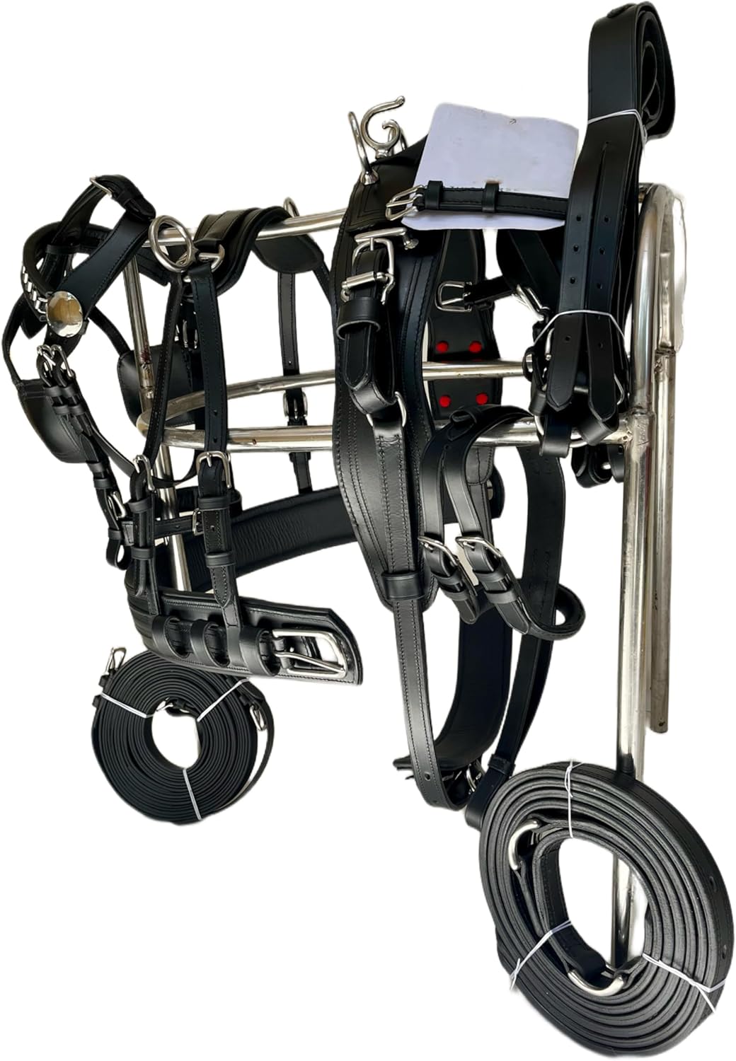 Full Grain Oiled Leather Horse Driving Harness Set All Black, Double Layered, Reinforced Stitching, Stainless Steel Hardware Complete Driving Kit (Cob)