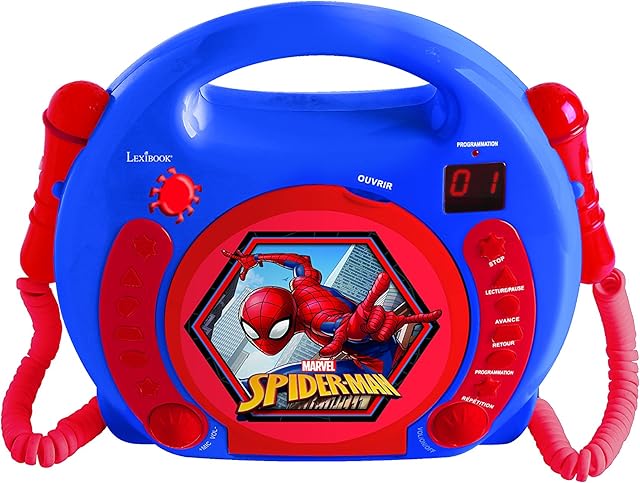 Lexibook Marvel Spider-Man Peter Parker CD player for kids with 2 toy microphones, headphones jack, with batteries, blue, RCDK100SP