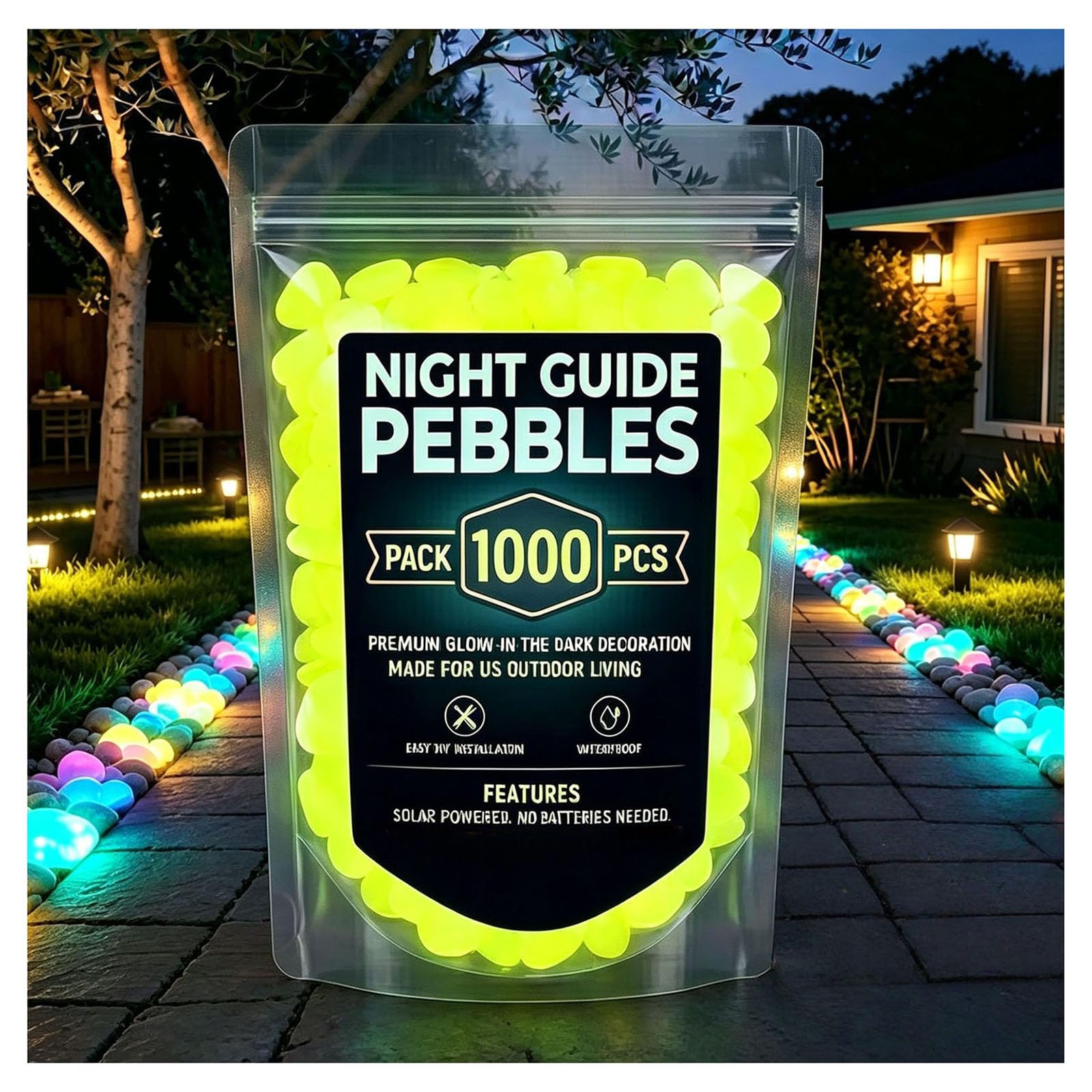 Glow in the Dark Pebbles Outdoor Luminous Glow Stones for Garden Pathways, Glowing Rocks for Yard, Aquarium, Planter & DIY Decor (Yellow,1000pcs)