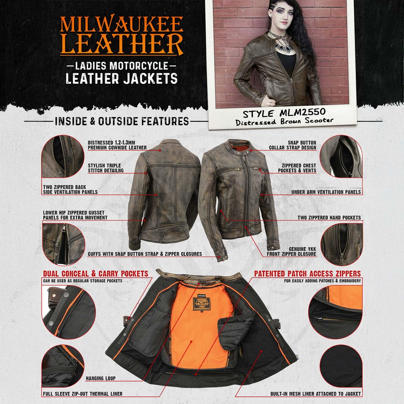 Milwaukee Leather MLL2550 Womens Scooter Distressed Brown Leather Vented Motorcycle Jacket — view 3