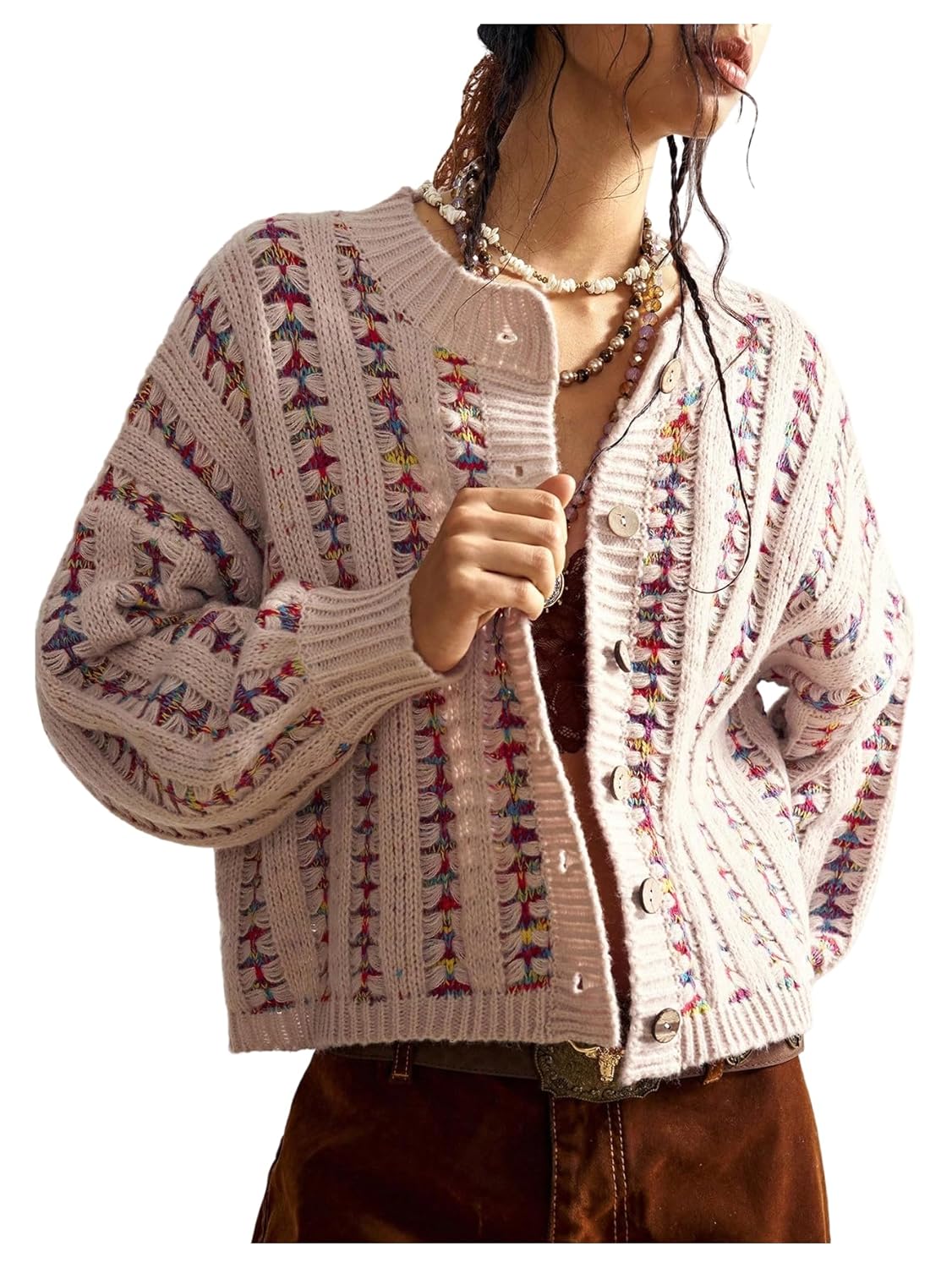 Womens Striped Cardigan Sweater Vintage Crew Neck Button Down Long Sleeve Outerwear
