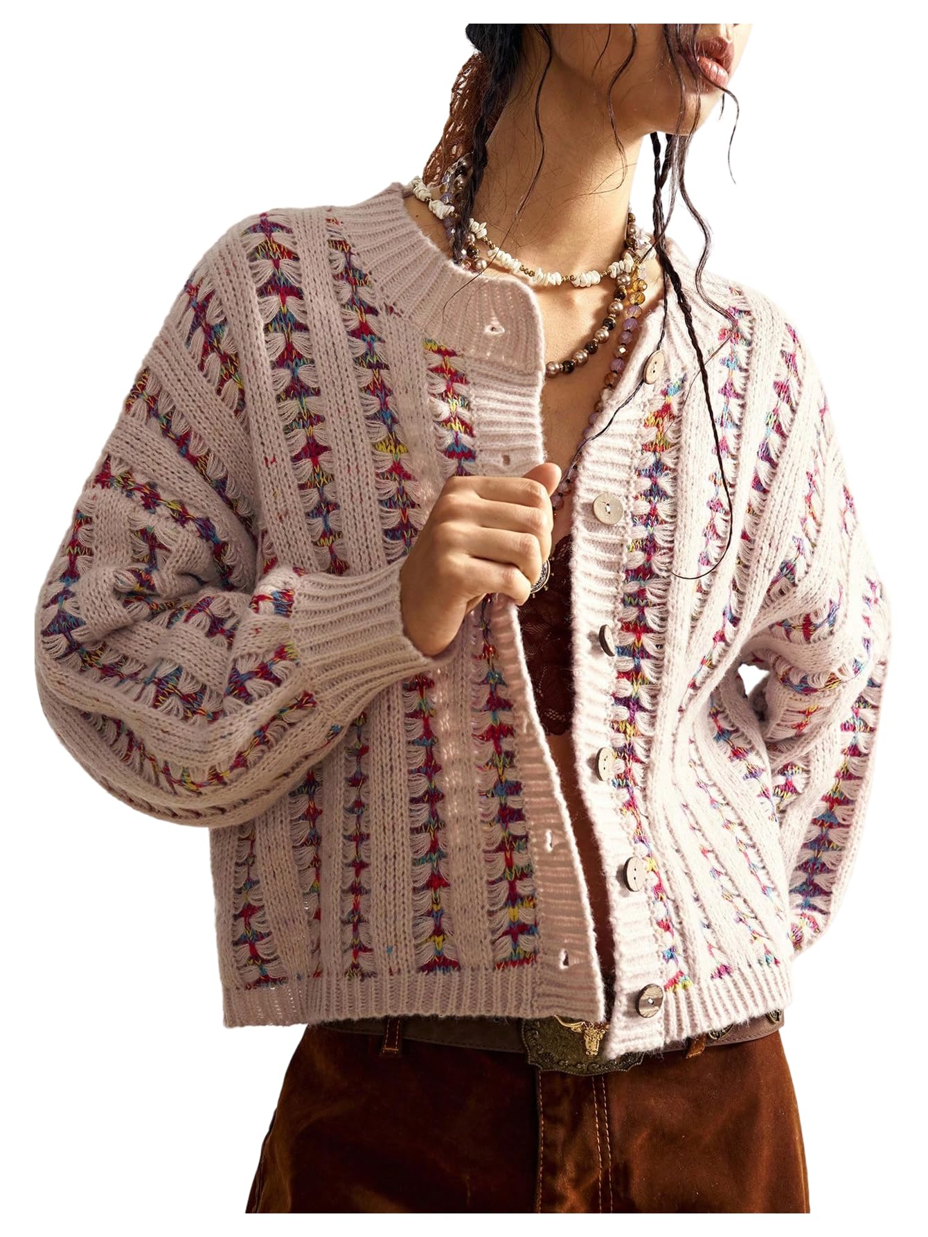 Womens Striped Cardigan Sweater Vintage Crew Neck Button Down Long Sleeve Outerwear