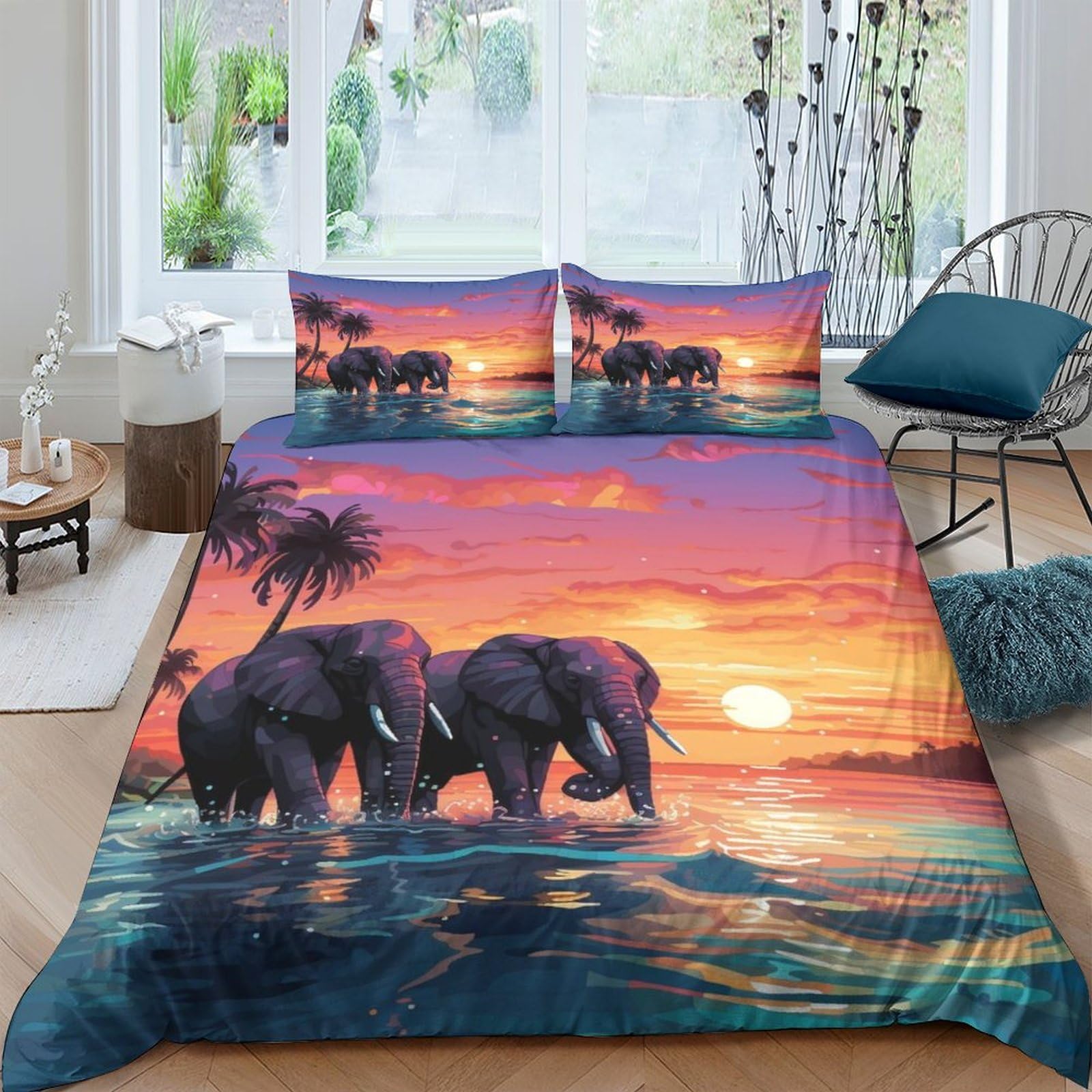 Housse de couette éléphant 200x200 pour une chambre évasion coucher de soleil
